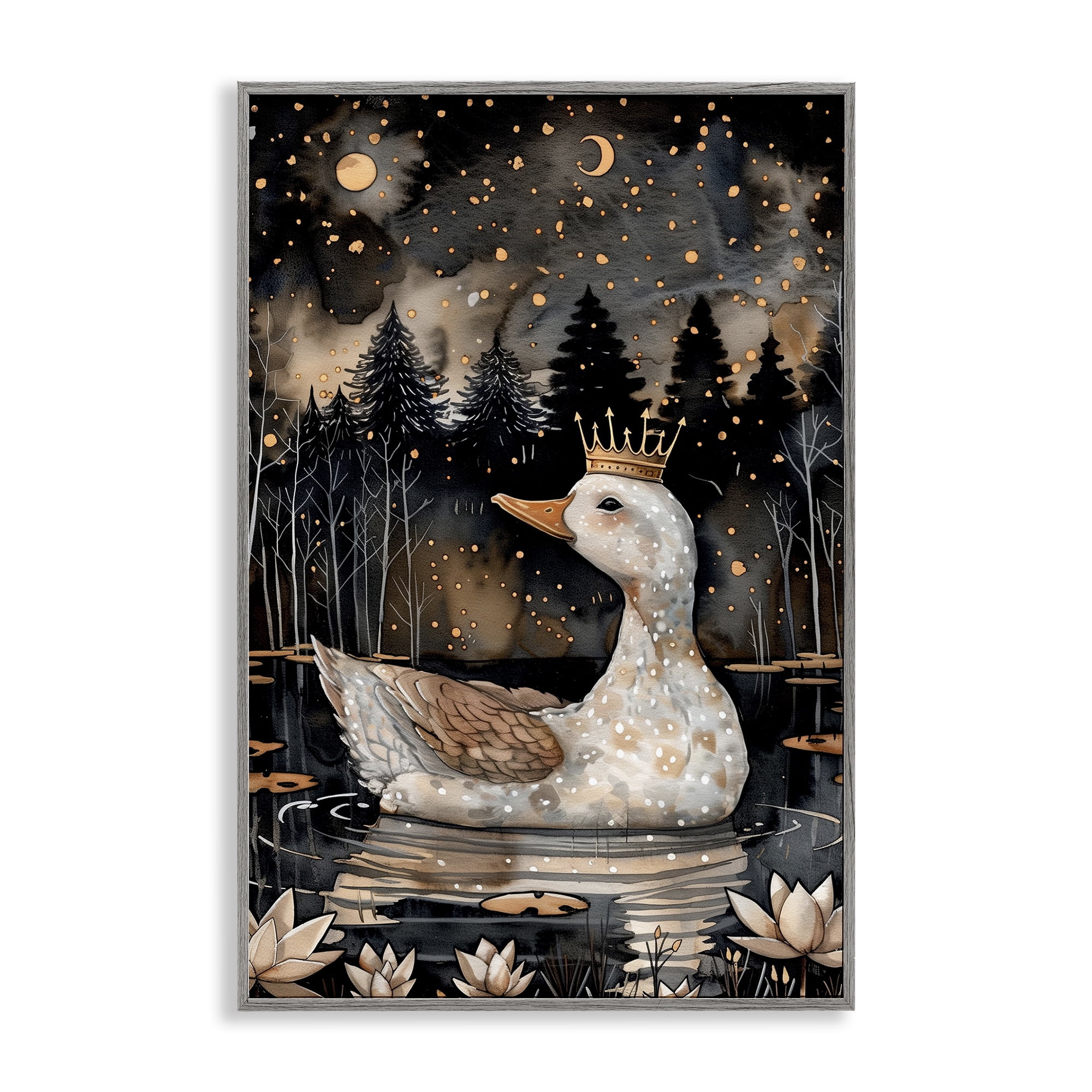 Stupell Industries Regal Duck at Night Animals & Insects Painting Gray Framed Art Print Wall Art, 16 x 24