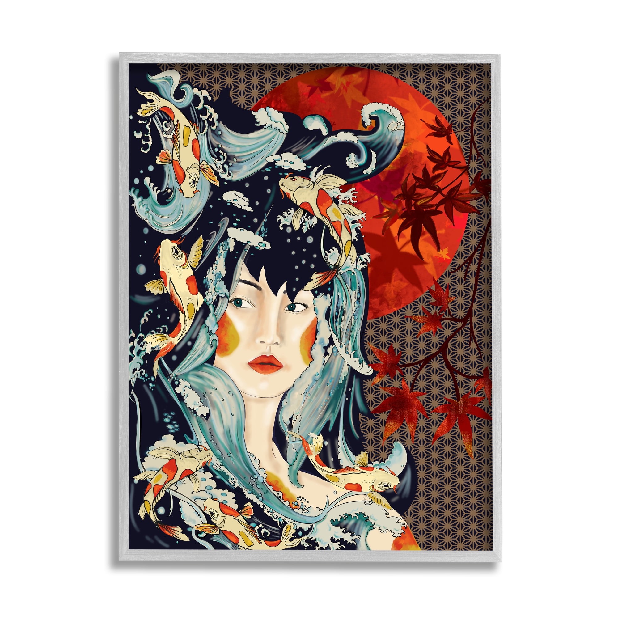 Stupell Industries Regal Female Abstract Portrait Geometric Pattern Koi Fish, 24 x 30,Design by Sangita Bachelet