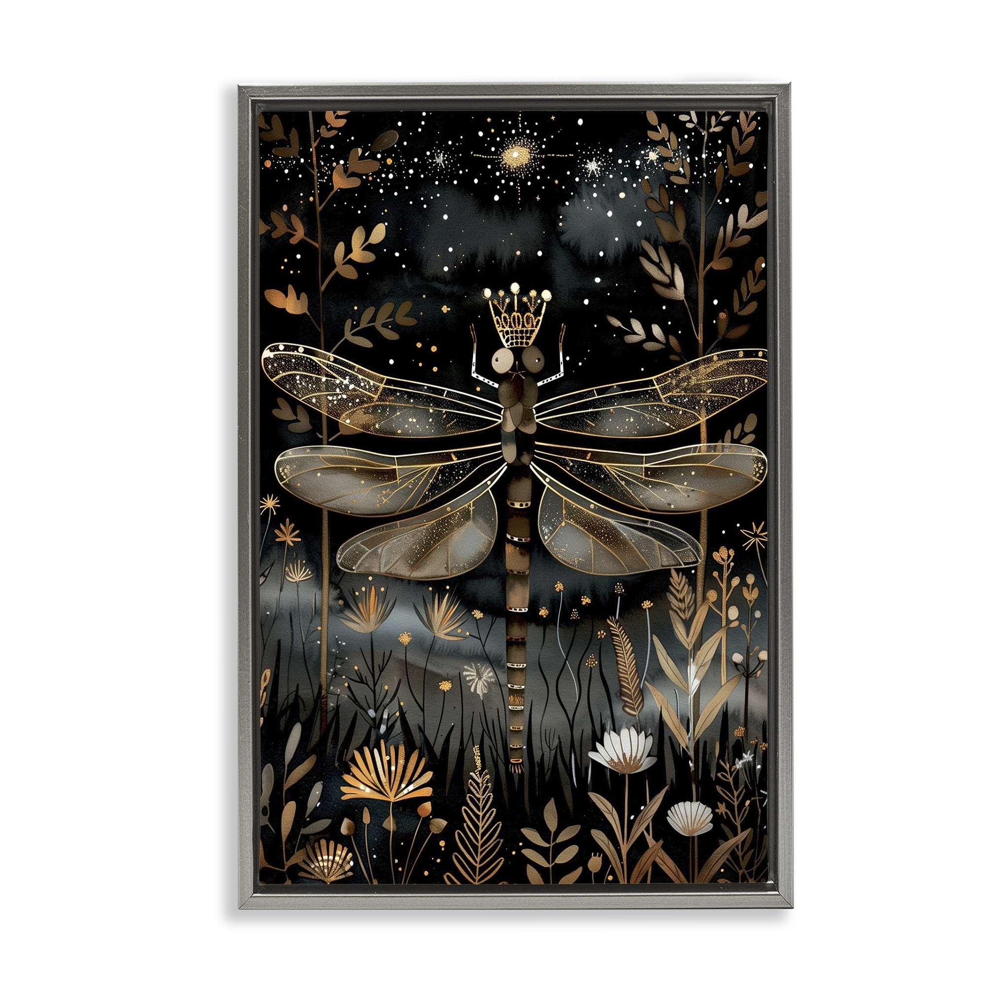 Stupell Industries Regal Gilded Dragonfly Animals & Insects Painting Gray Floater Framed Art Print Wall Art, 17 x 25