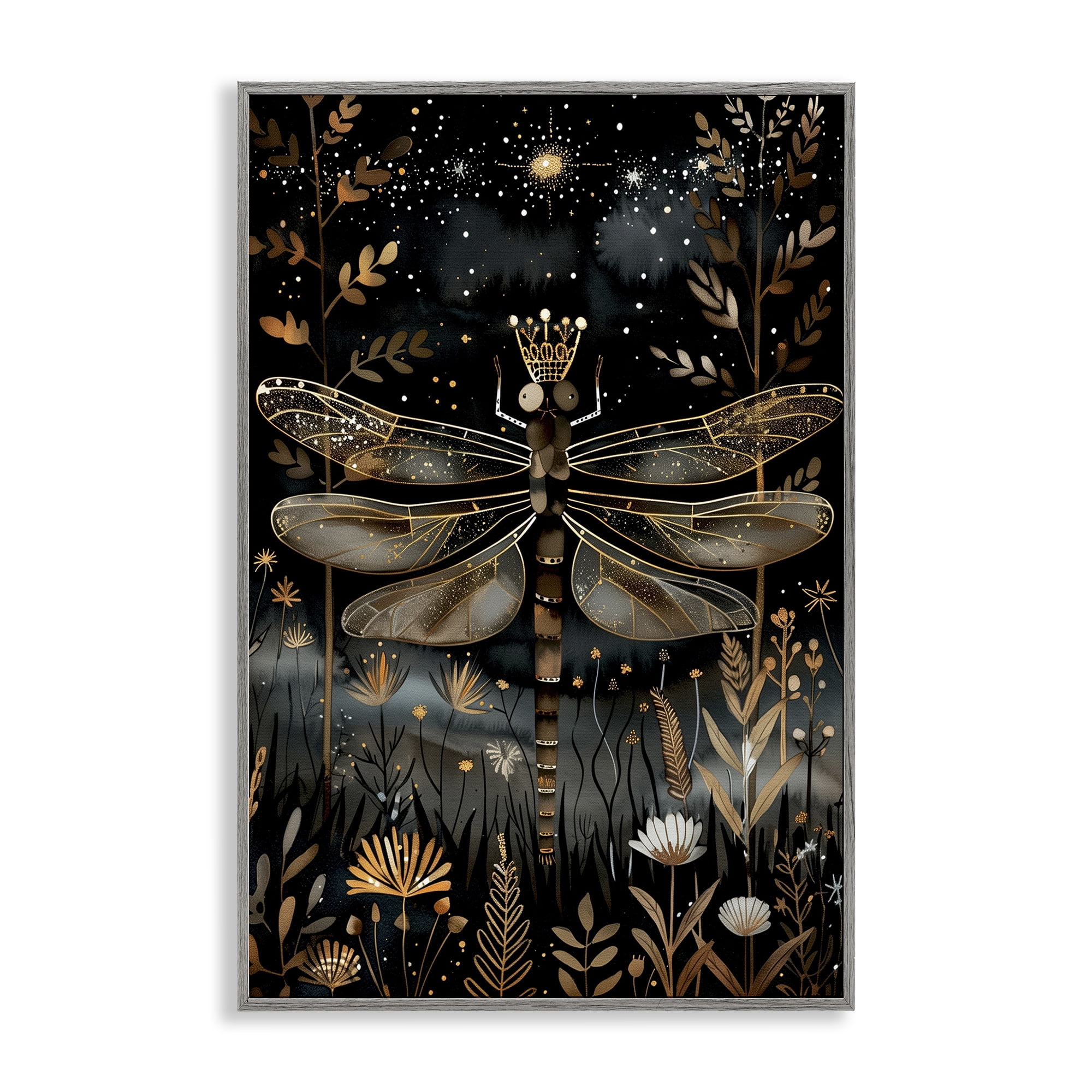 Stupell Industries Regal Gilded Dragonfly Animals & Insects Painting Gray Framed Art Print Wall Art, 12 x 18