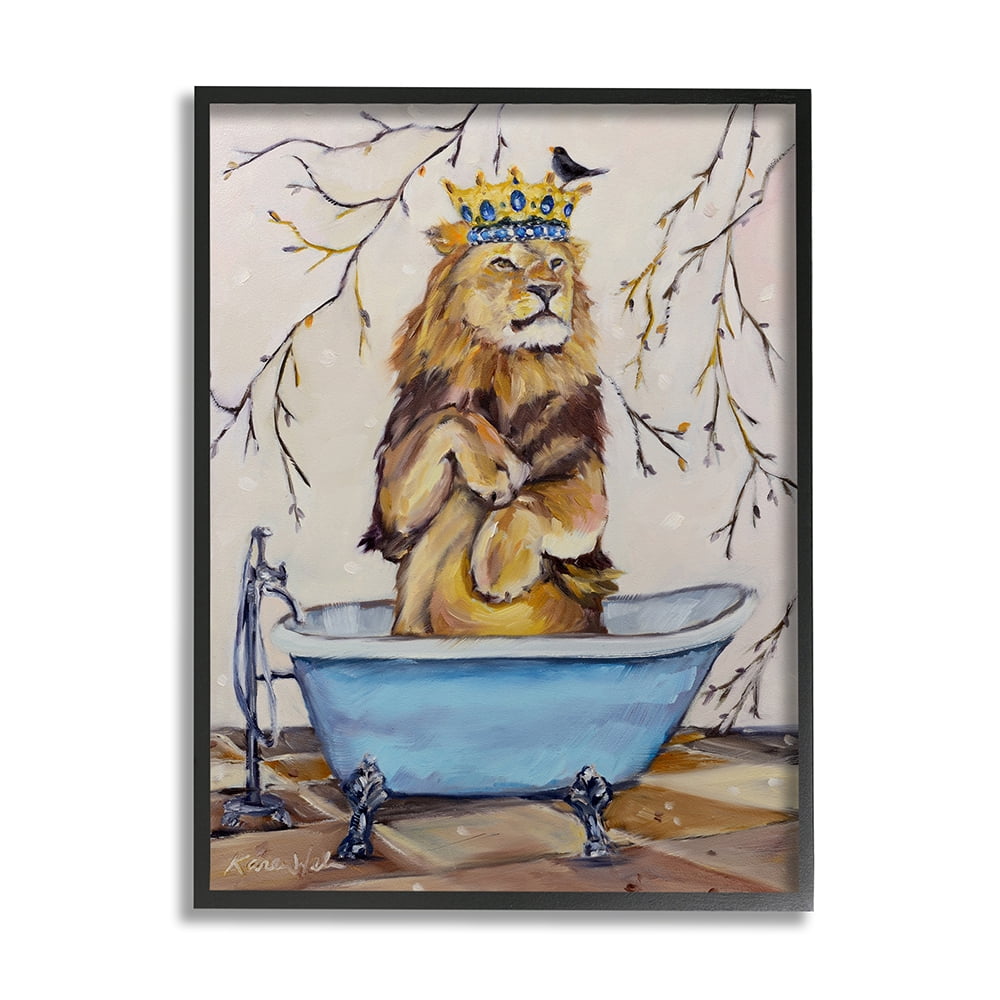 Stupell Industries Regal Jungle Lion in Blue Claw Bath Black Framed by Karen Weber Fine Art