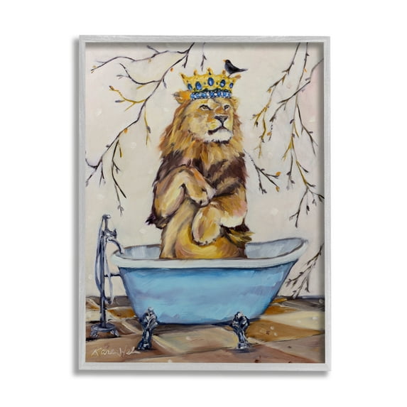 Stupell Industries Regal Jungle Lion in Blue Claw Bath Gray Framed by Karen Weber Fine Art