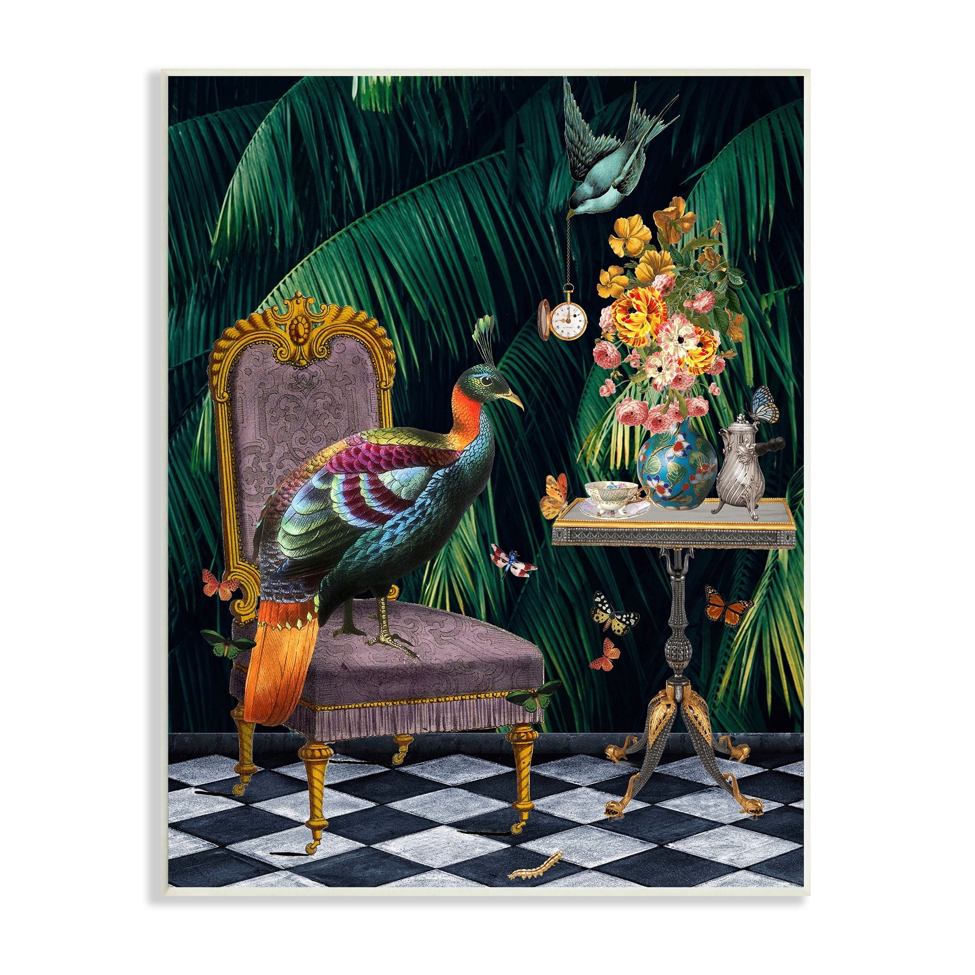 Stupell Industries Regal Peacock On Chair Falling Palm Fronds, 10 x 15,Design by Erika C. Brothers