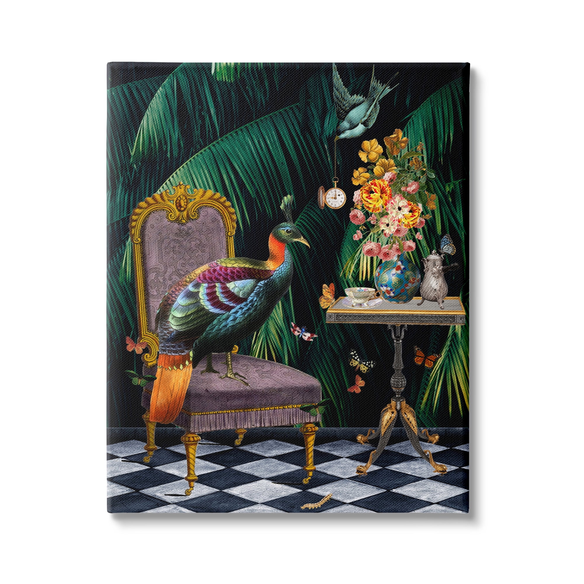 Stupell Industries Regal Peacock On Chair Falling Palm Fronds, 24 x 30,Design by Erika C. Brothers