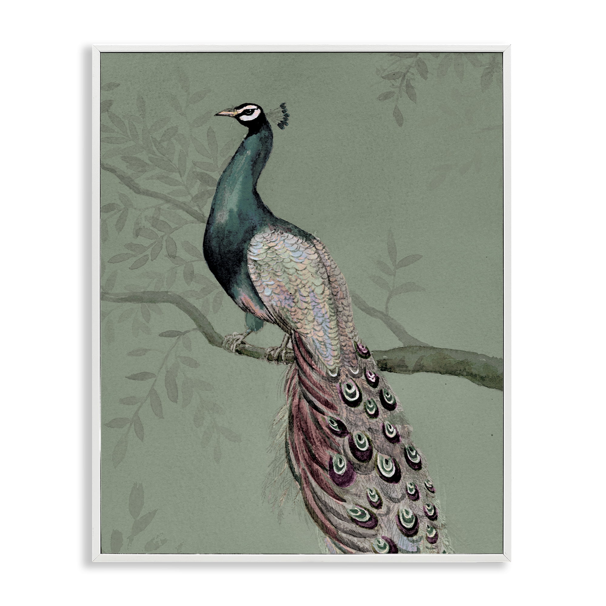 Stupell Industries Regal Peacock on Branch Animals Painting White Framed Art Print Wall Art, 24 x 30