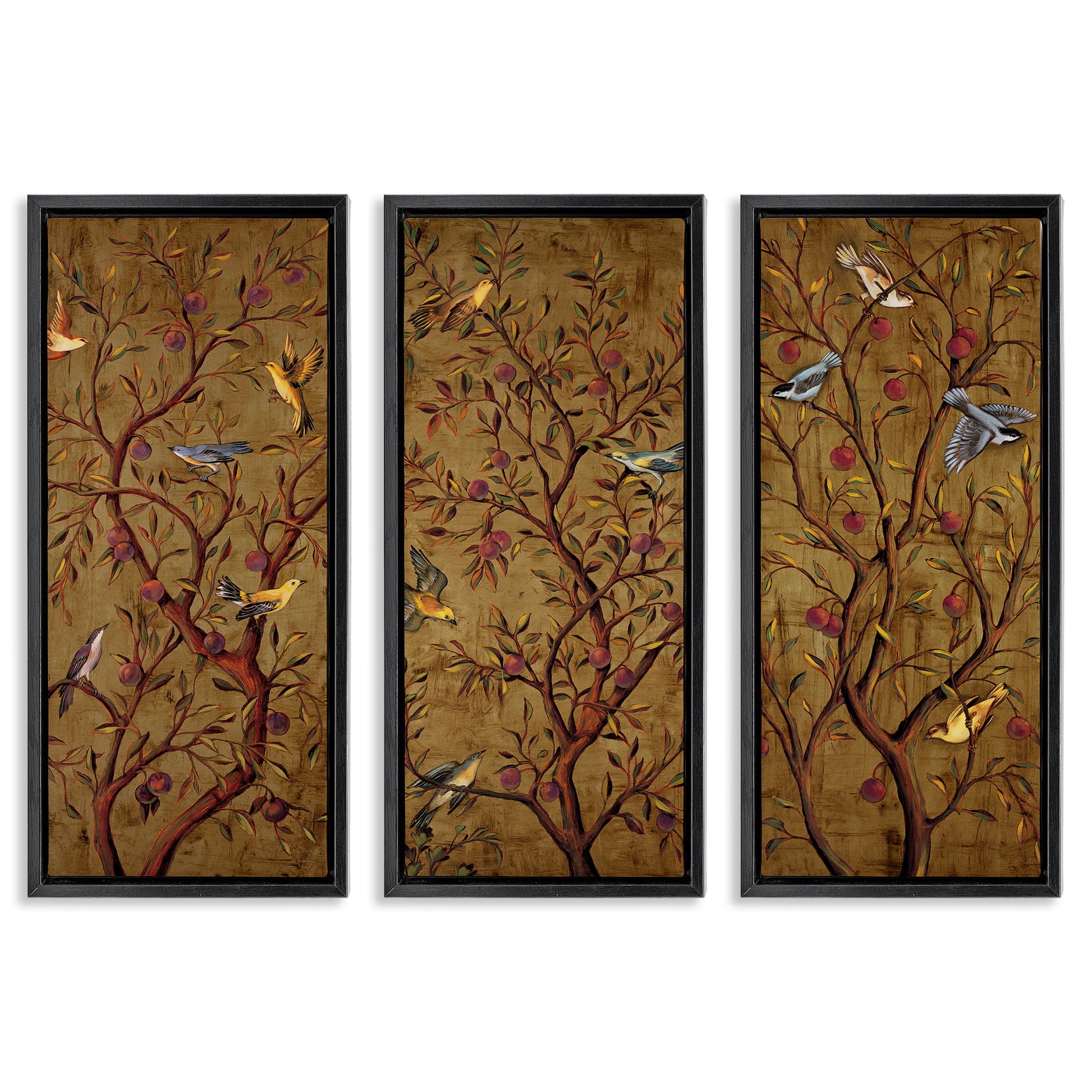 Stupell Industries Regal Plum Tree with Perched Birds Animals & Insects Painting Black Floater Framed Canvas Art Print Wall Art, 15 x 31, Set of 3