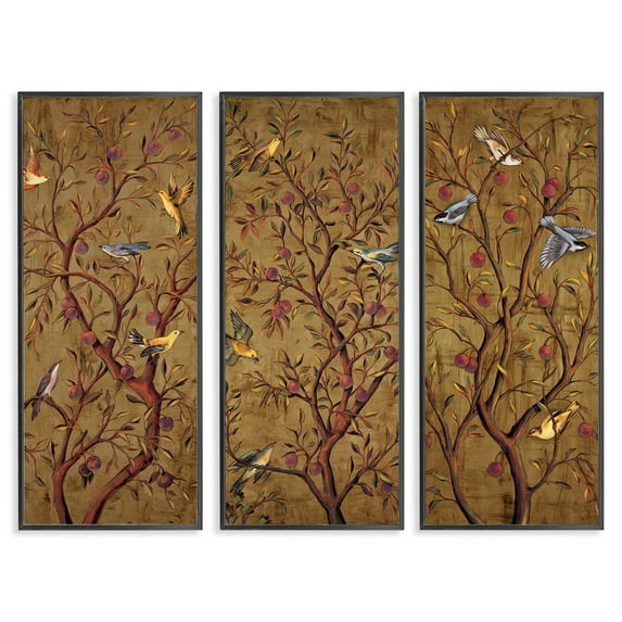 Stupell Industries Regal Plum Tree with Perched Birds Animals & Insects Painting Black Framed Art Print Wall Art, 10 x 24, Set of 3