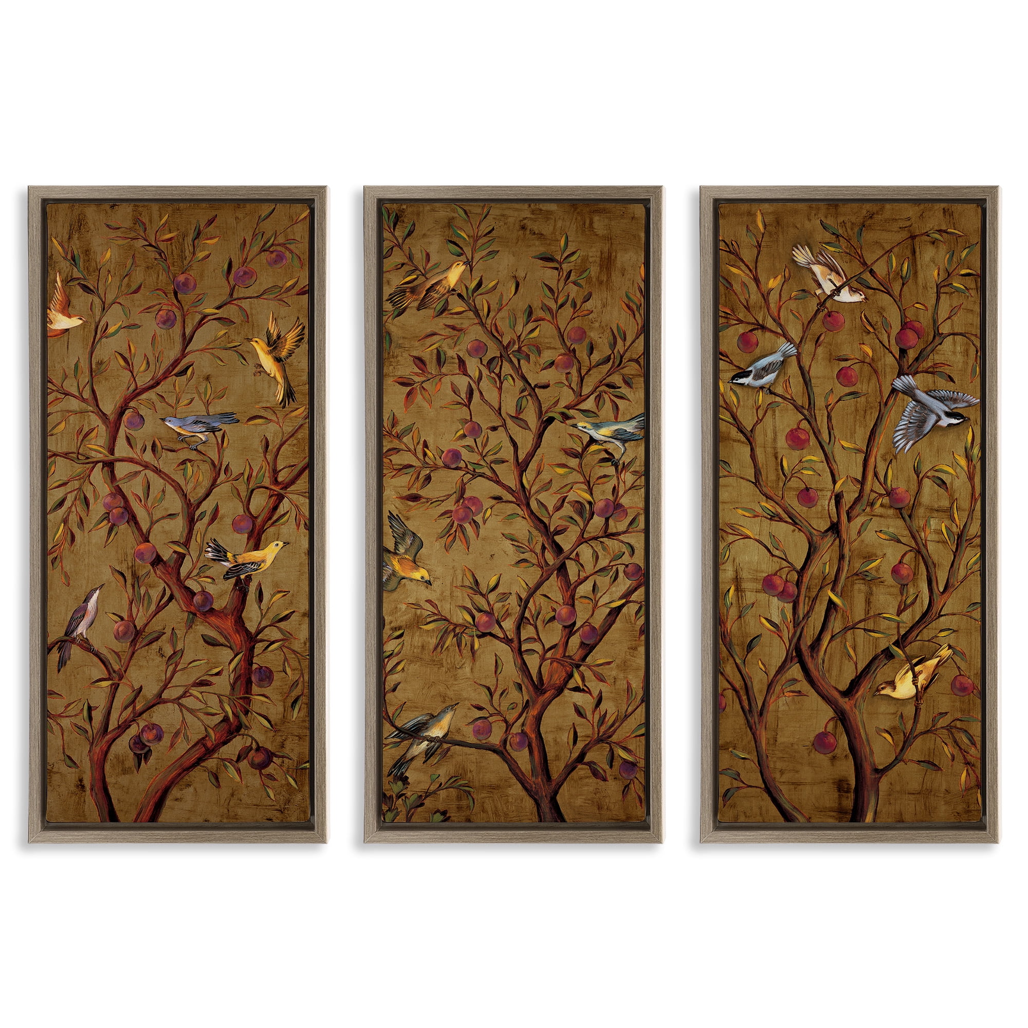 Stupell Industries Regal Plum Tree with Perched Birds Animals & Insects Painting Brown Floater Framed Canvas Art Print Wall Art, 15 x 31, Set of 3