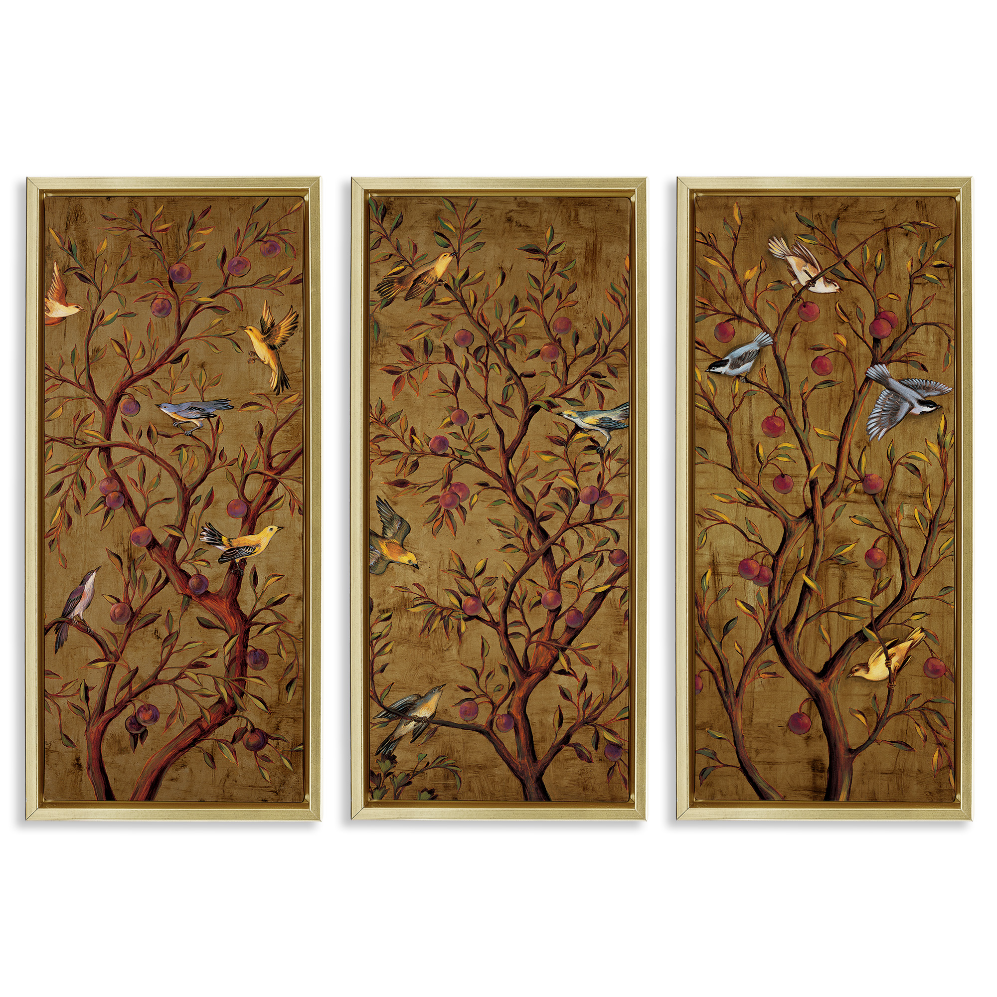 Stupell Industries Regal Plum Tree with Perched Birds Animals & Insects Painting Gold Floater Framed Canvas Art Print Wall Art, 15 x 31, Set of 3