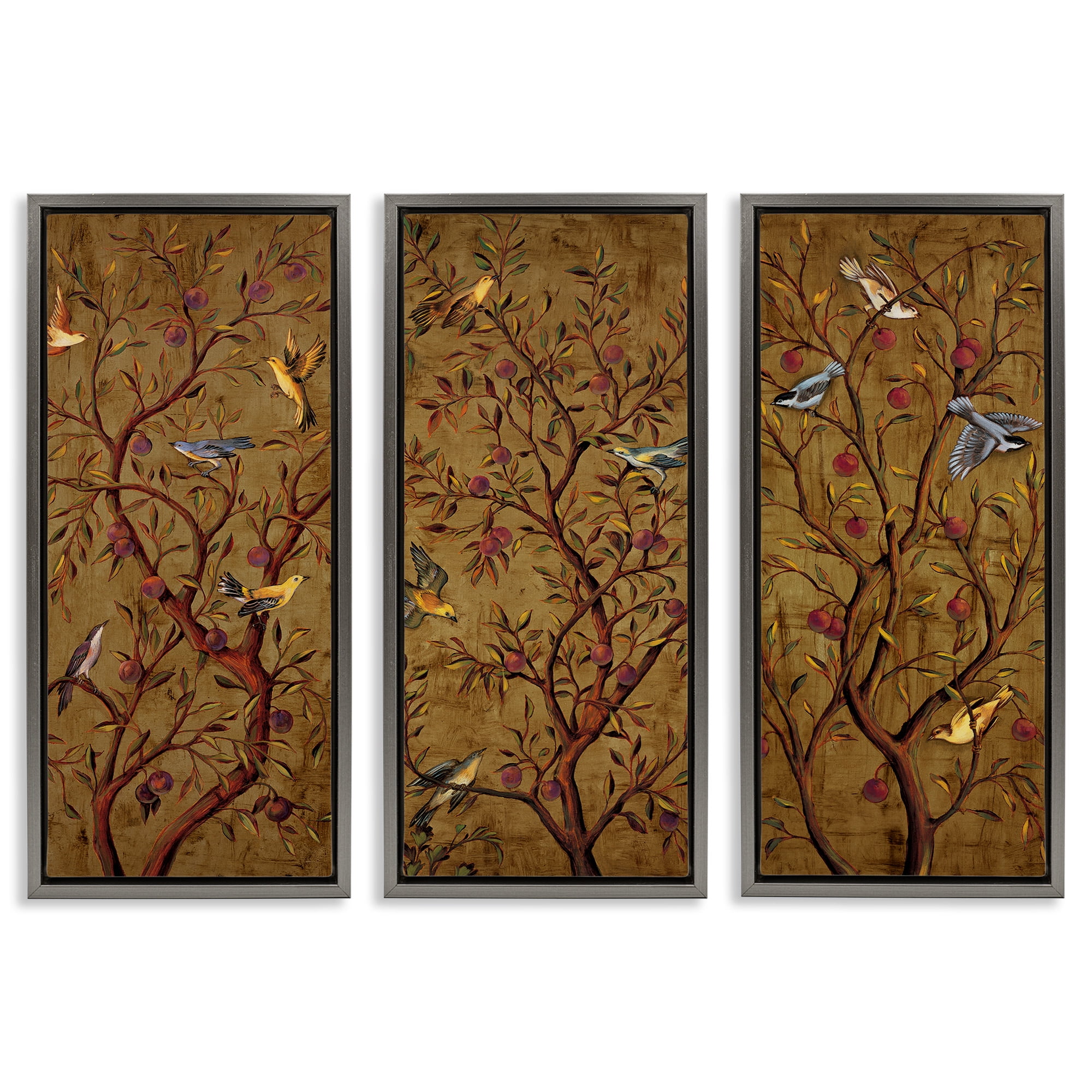 Stupell Industries Regal Plum Tree with Perched Birds Animals & Insects Painting Gray Floater Framed Canvas Art Print Wall Art, 15 x 31, Set of 3