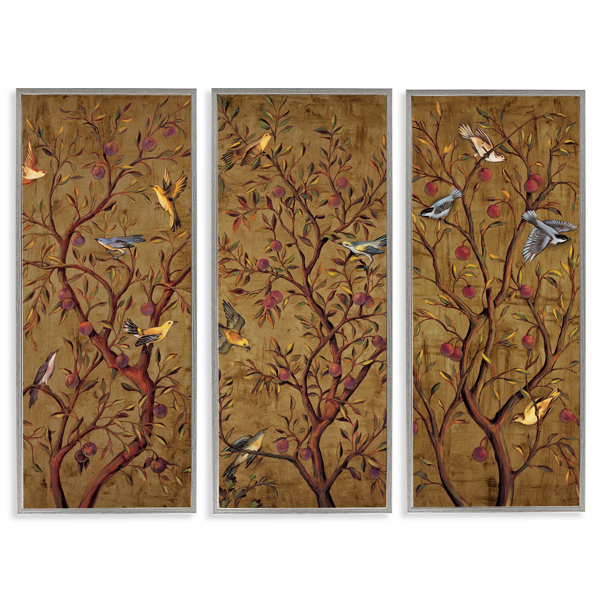 Stupell Industries Regal Plum Tree with Perched Birds Animals & Insects Painting Gray Framed Art Print Wall Art, 10 x 24, Set of 3