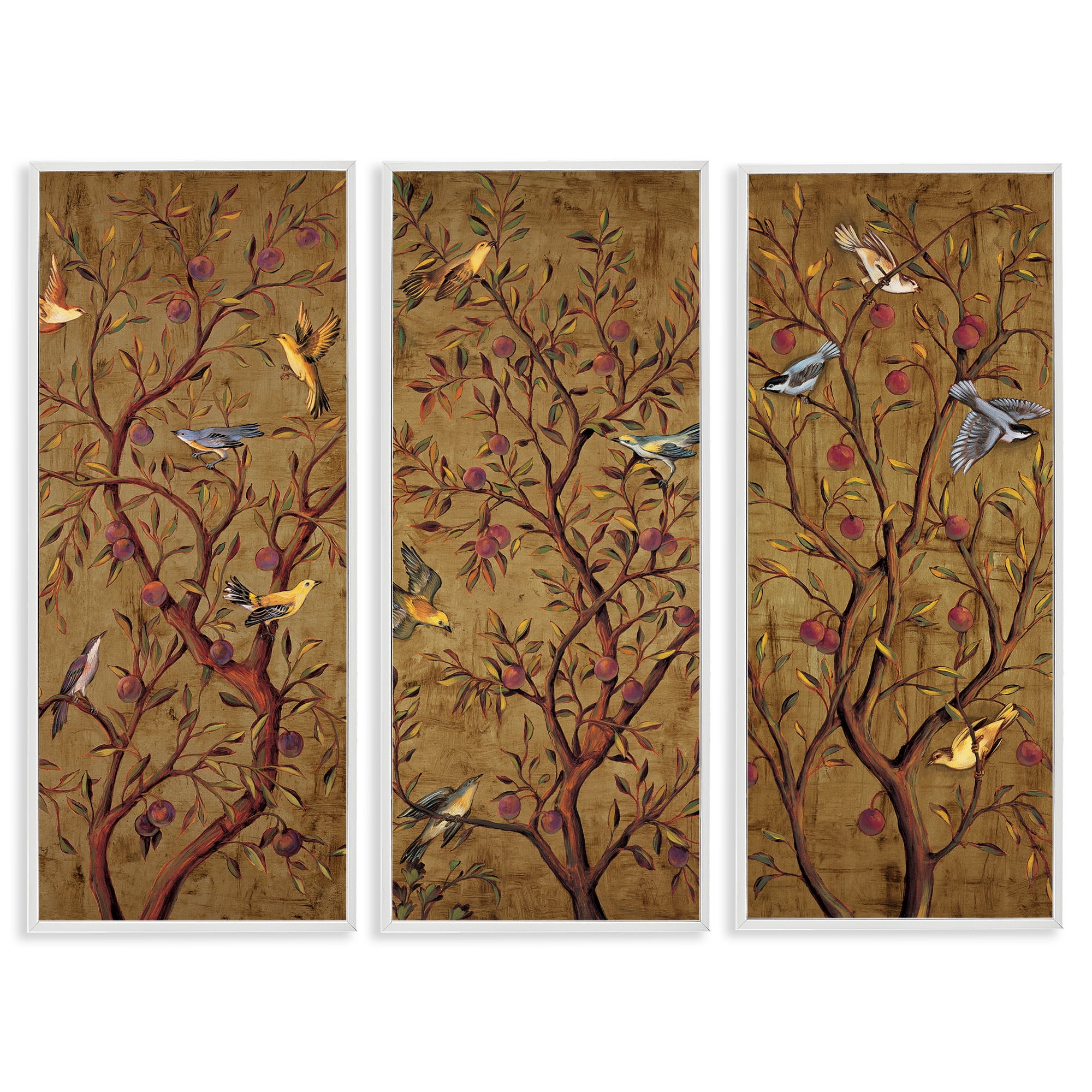 Stupell Industries Regal Plum Tree with Perched Birds Animals & Insects Painting White Framed Art Print Wall Art, 10 x 24, Set of 3