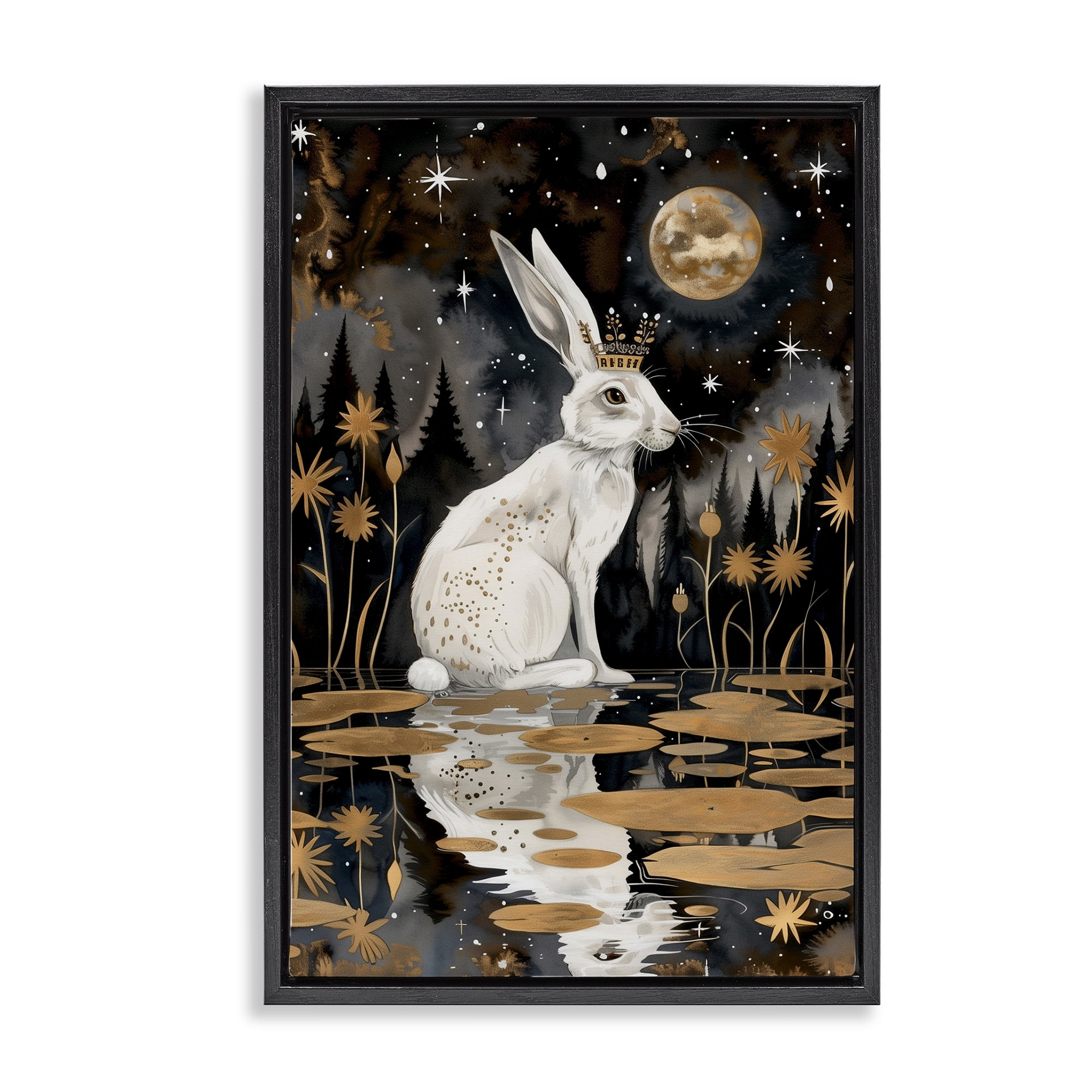 Stupell Industries Regal Rabbit Moonlight Animals & Insects Painting Black Floater Framed Art Print Wall Art, 21 x 31