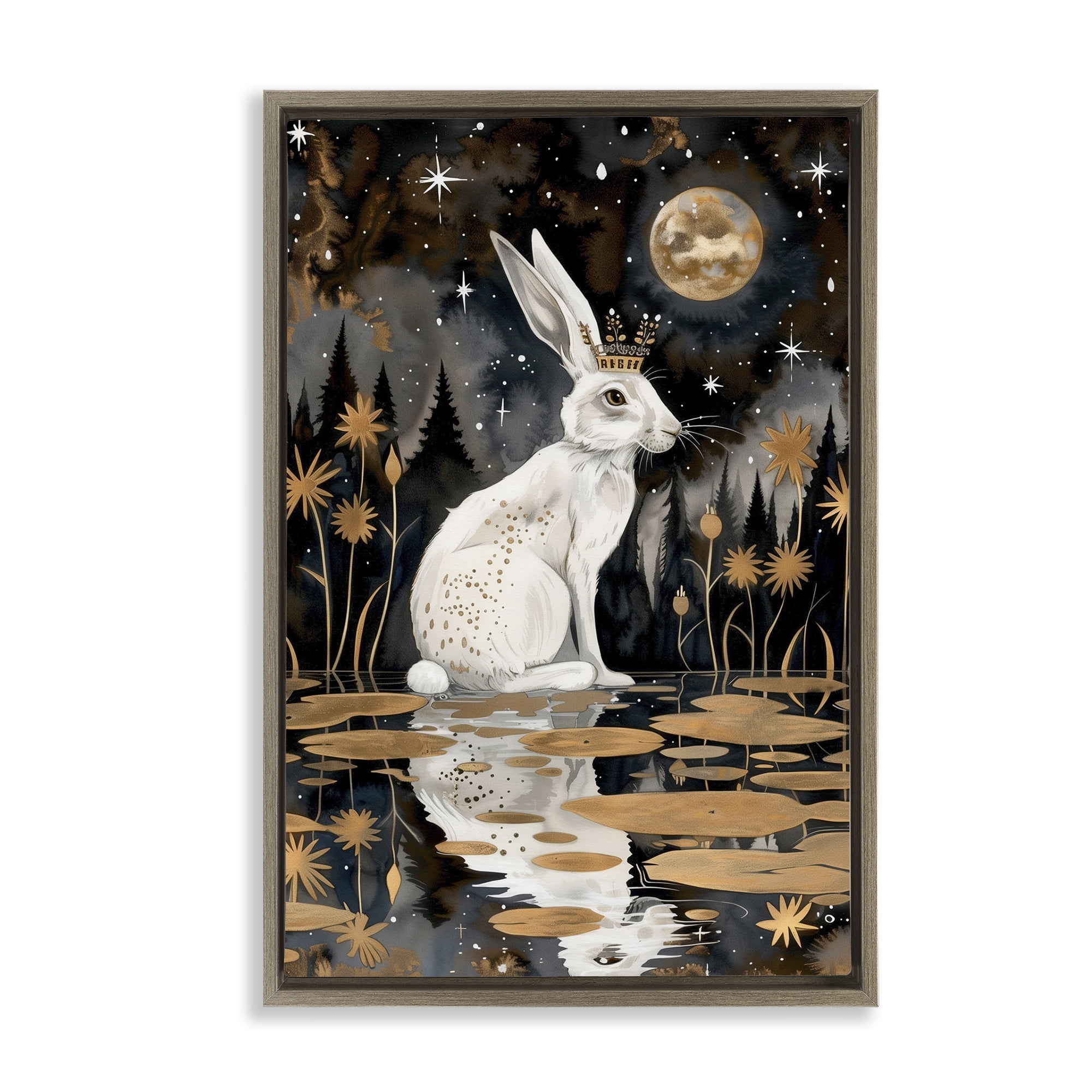 Stupell Industries Regal Rabbit Moonlight Animals & Insects Painting Brown Floater Framed Art Print Wall Art, 21 x 31
