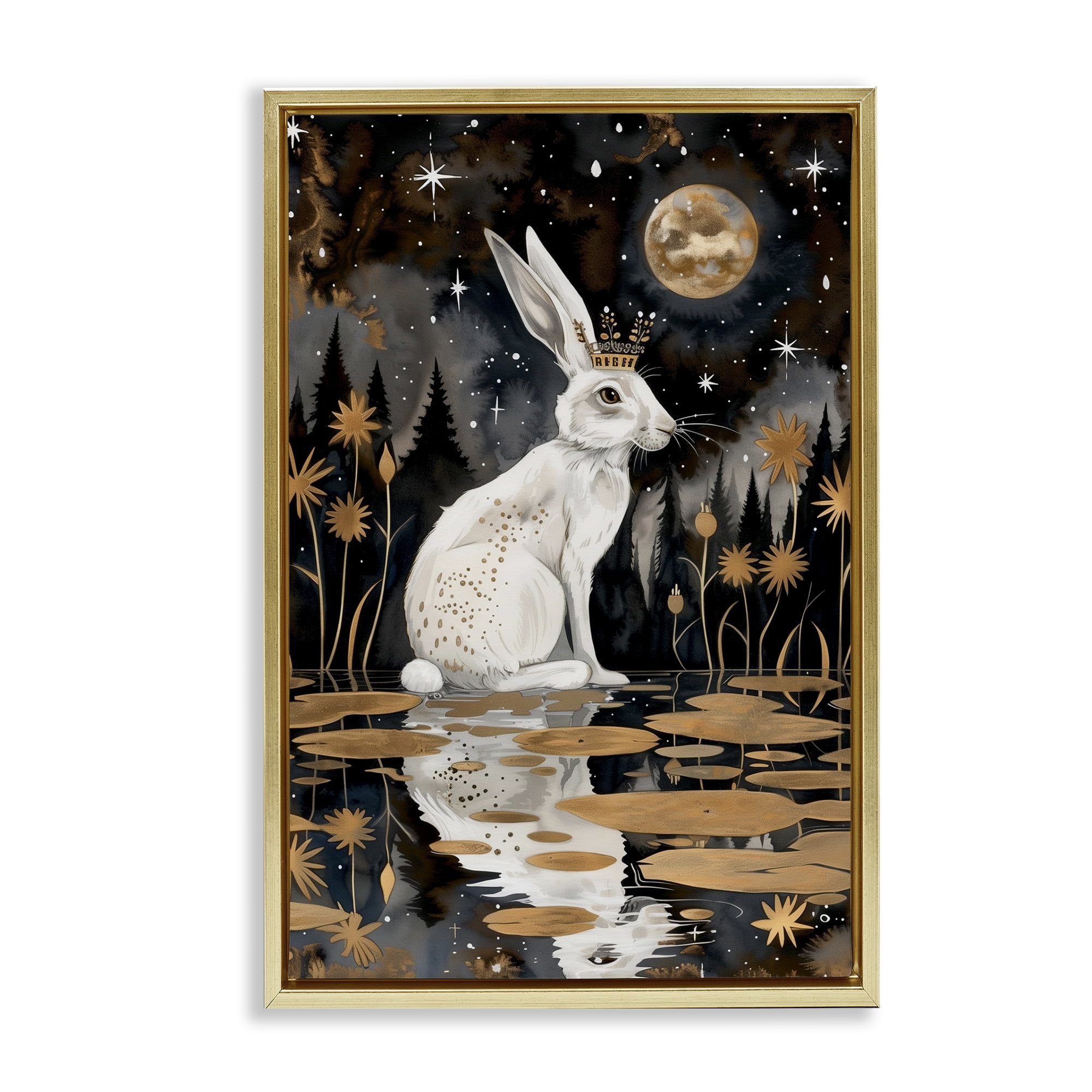 Stupell Industries Regal Rabbit Moonlight Animals & Insects Painting Gold Floater Framed Art Print Wall Art, 21 x 31
