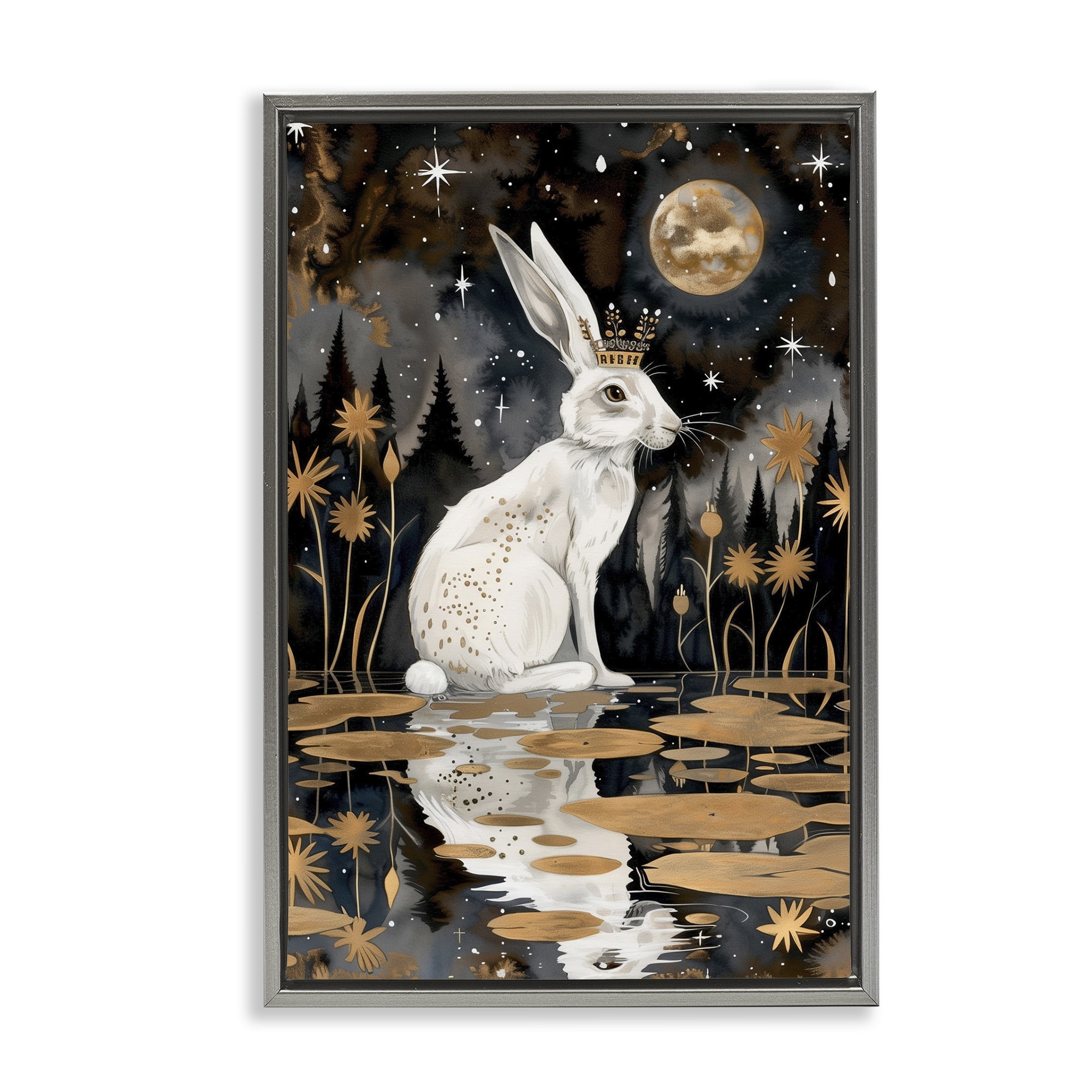 Stupell Industries Regal Rabbit Moonlight Animals & Insects Painting Gray Floater Framed Art Print Wall Art, 21 x 31