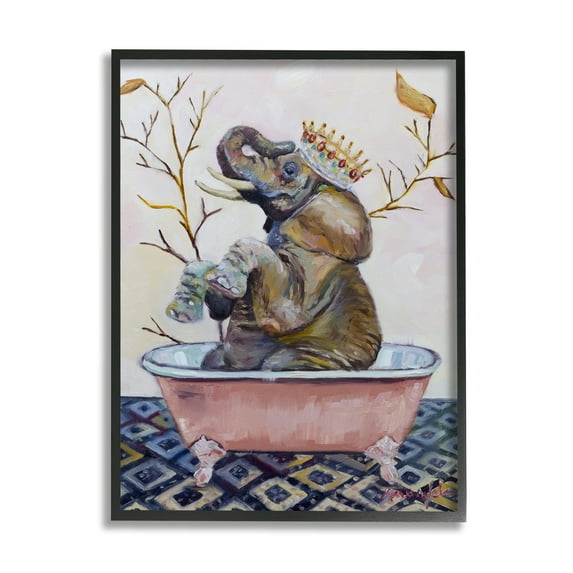 Stupell Industries Regal Safari Elephant with Pink Bath Tub Black Framed by Karen Weber Fine Art