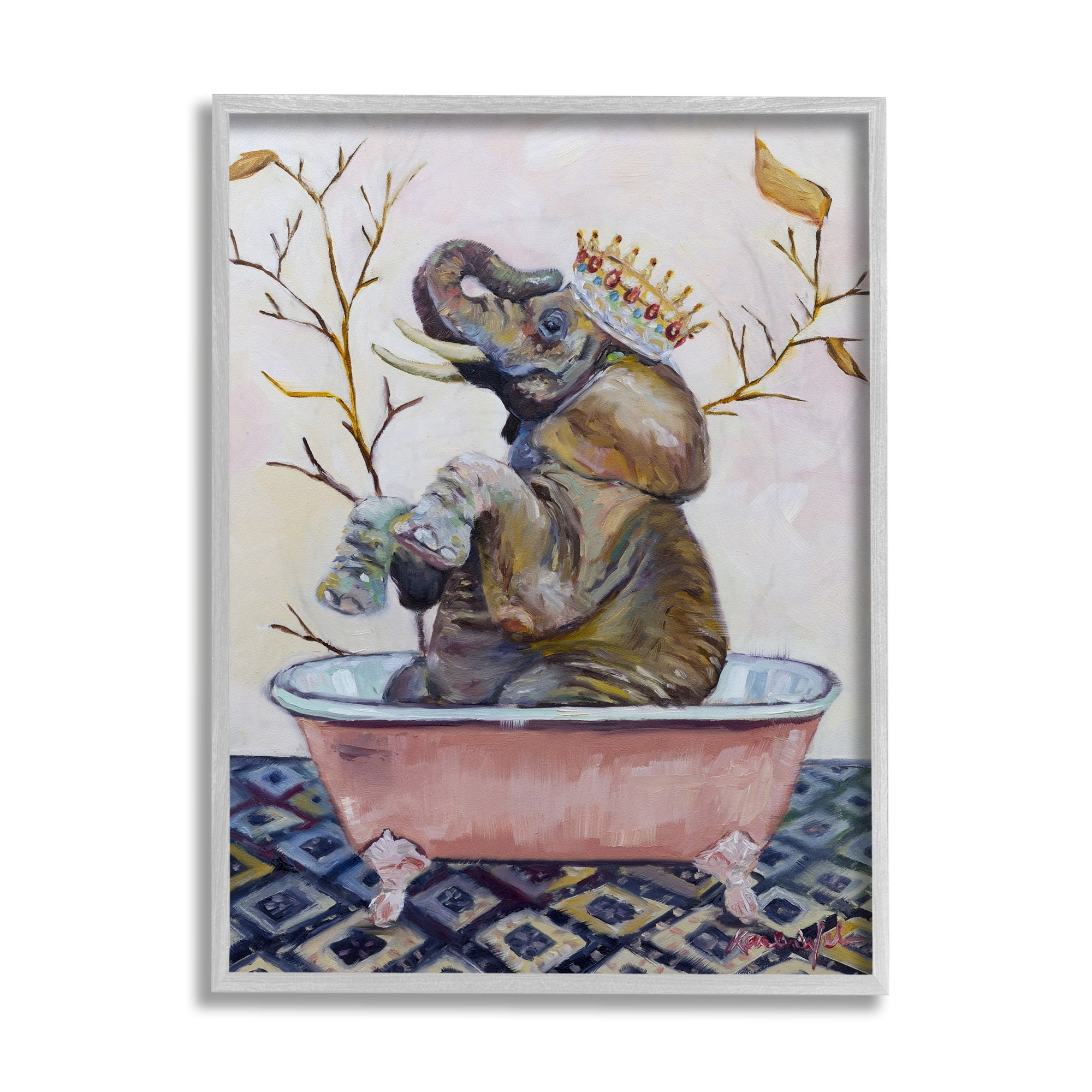 Stupell Industries Regal Safari Elephant with Pink Bath Tub Gray Framed by Karen Weber Fine Art