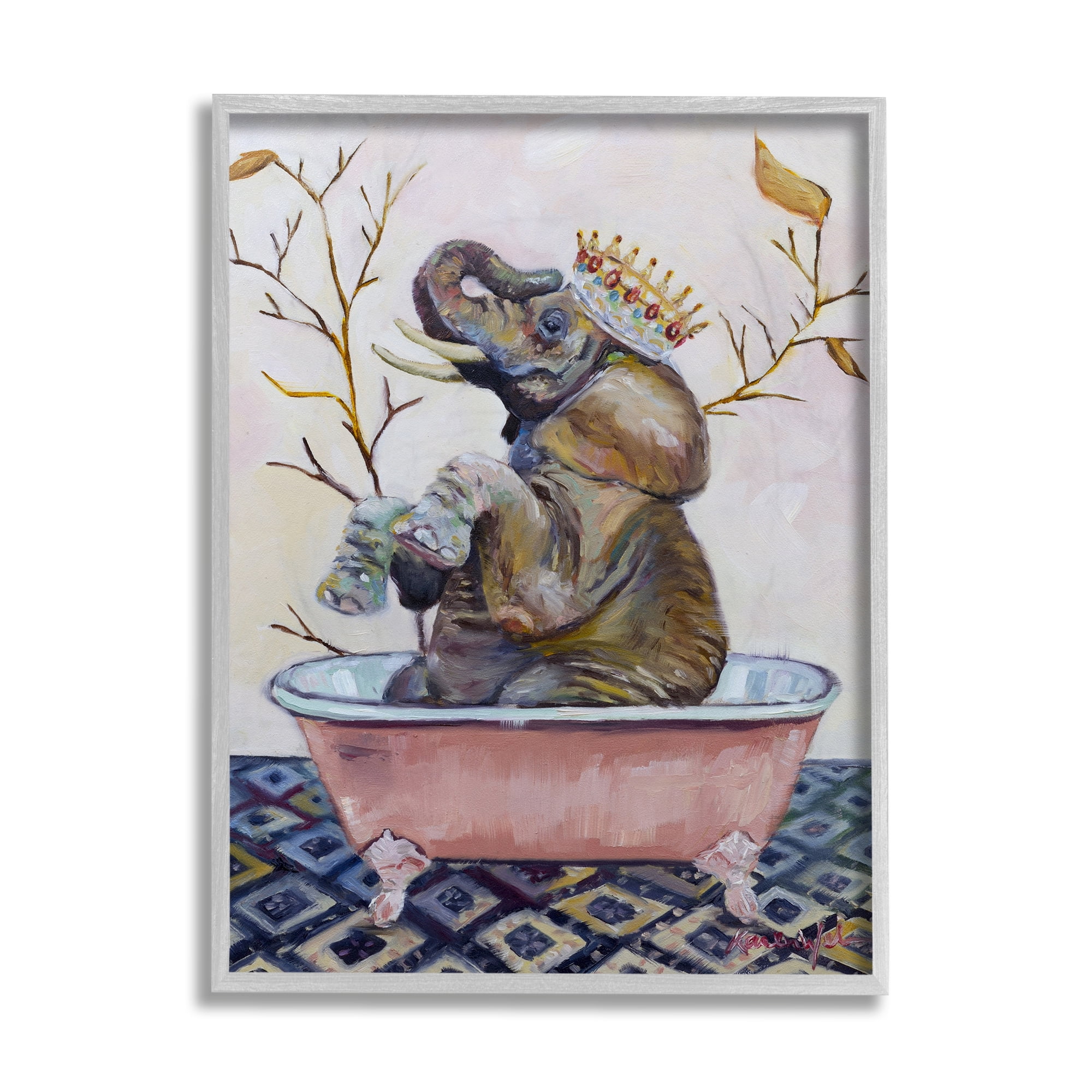 Stupell Industries Regal Safari Elephant with Pink Bath Tub Gray Framed by Karen Weber Fine Art