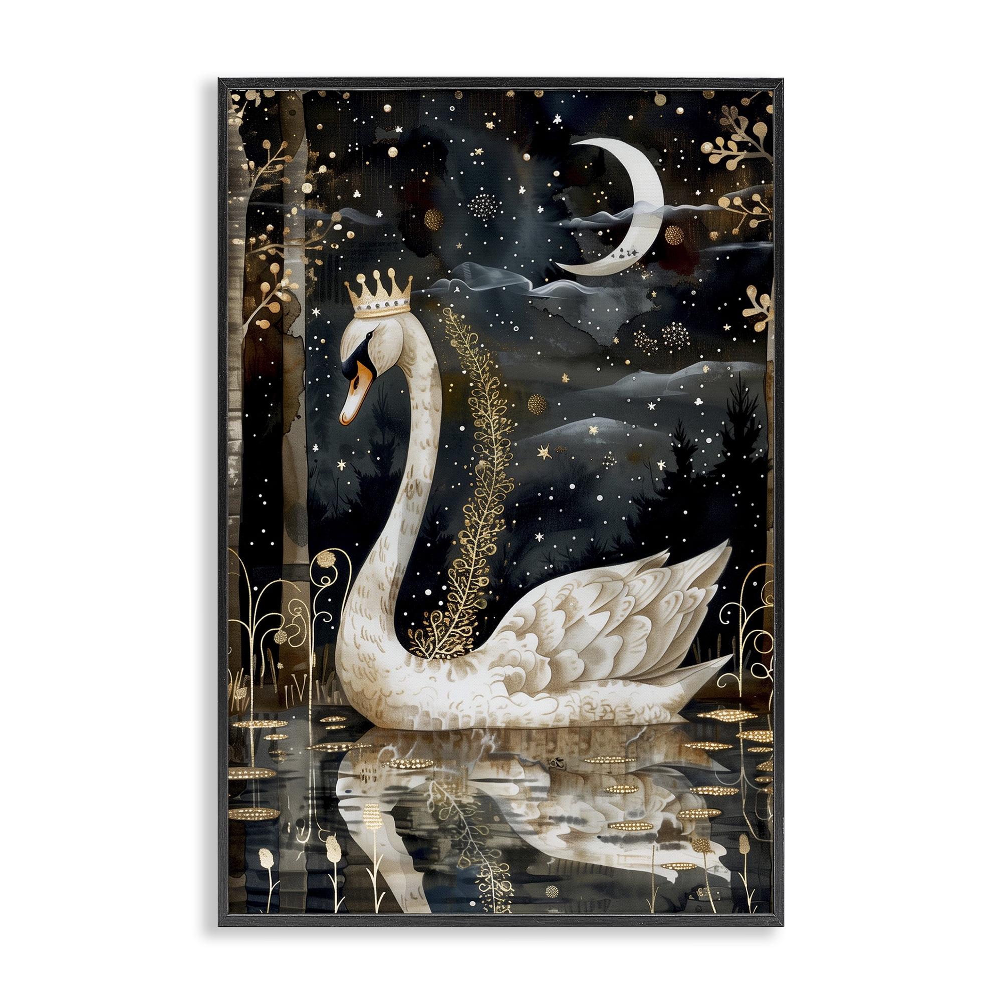 Stupell Industries Regal Swan Moonlight Animals & Insects Painting Black Framed Art Print Wall Art, 12 x 18