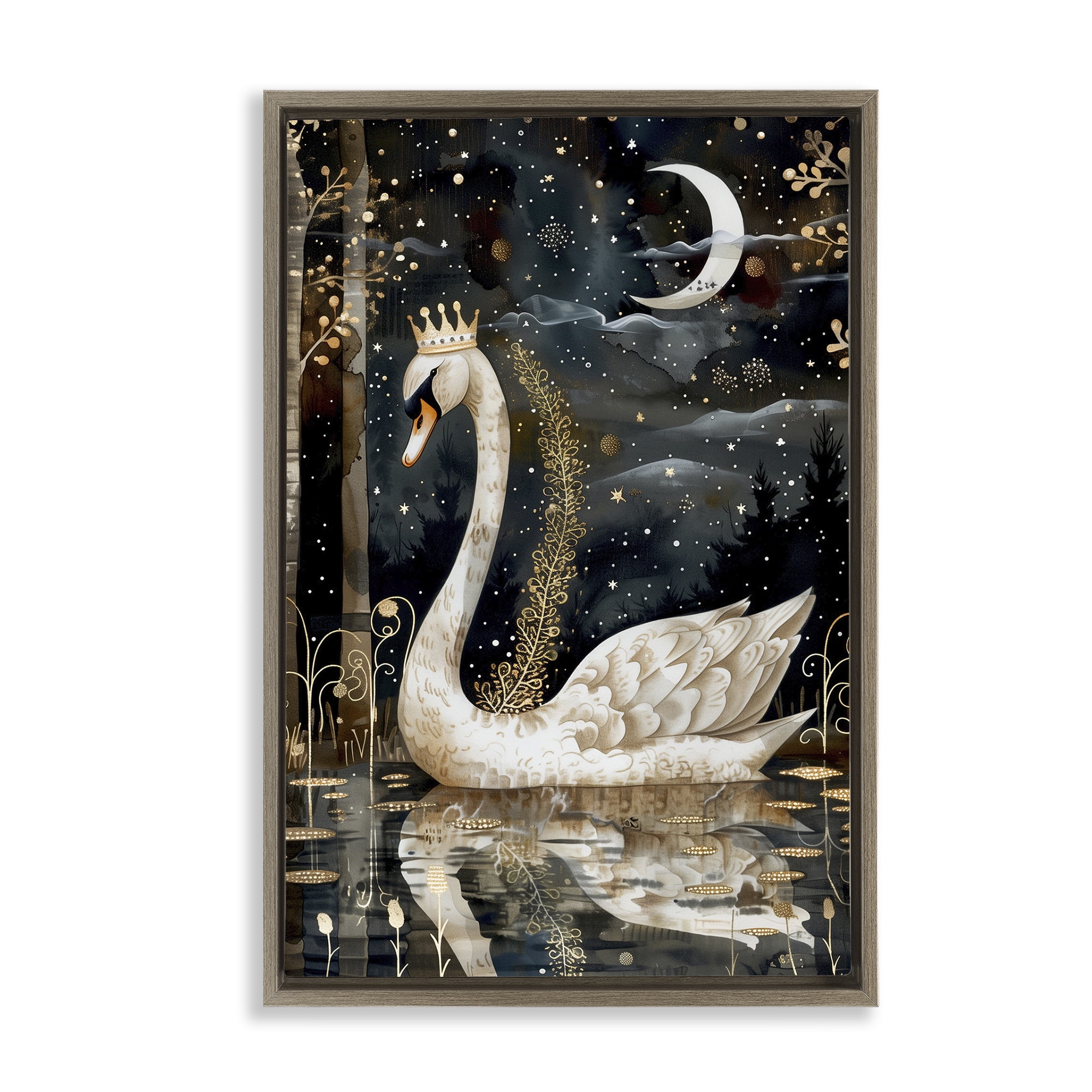 Stupell Industries Regal Swan Moonlight Animals & Insects Painting Brown Floater Framed Art Print Wall Art, 21 x 31