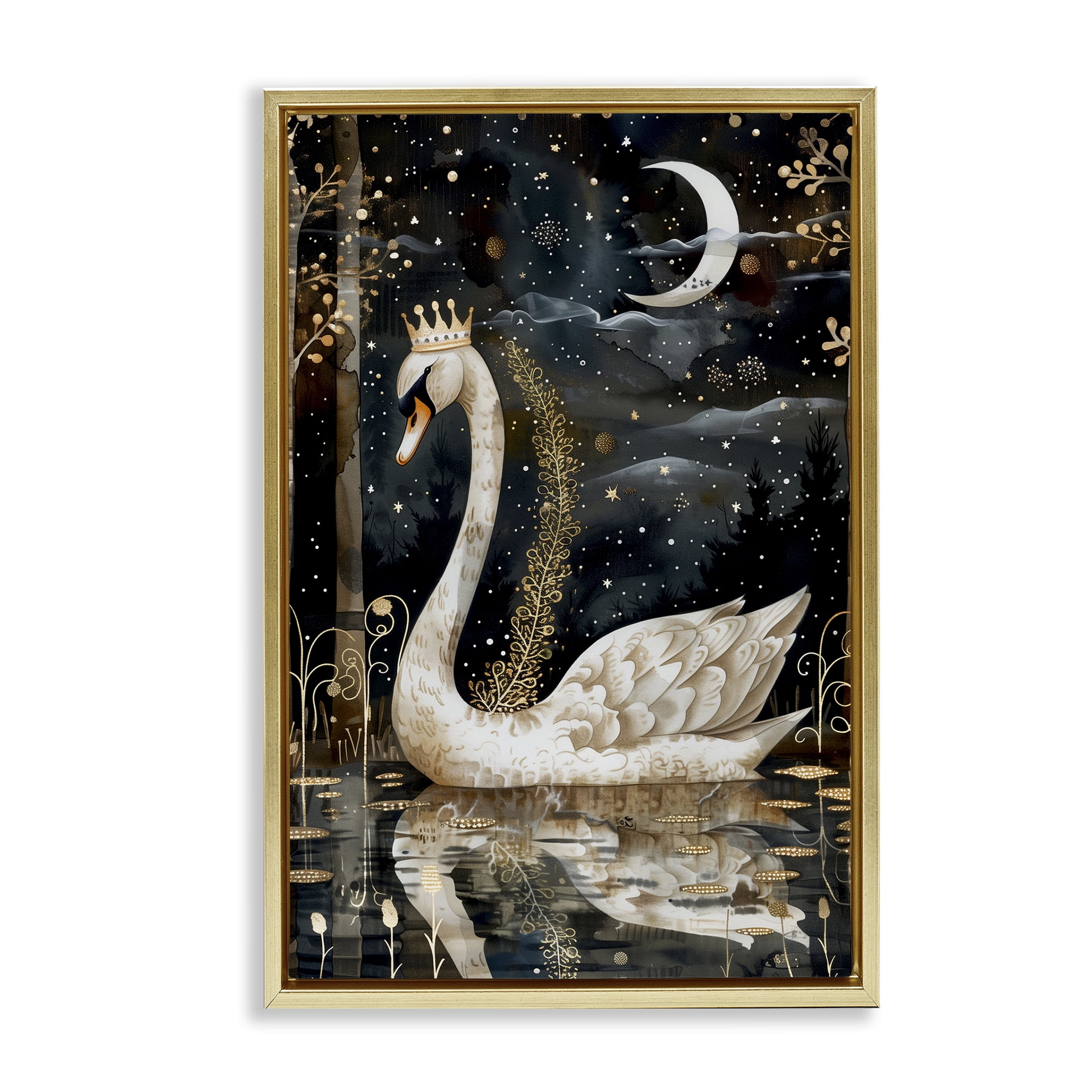 Stupell Industries Regal Swan Moonlight Animals & Insects Painting Gold Floater Framed Art Print Wall Art, 21 x 31
