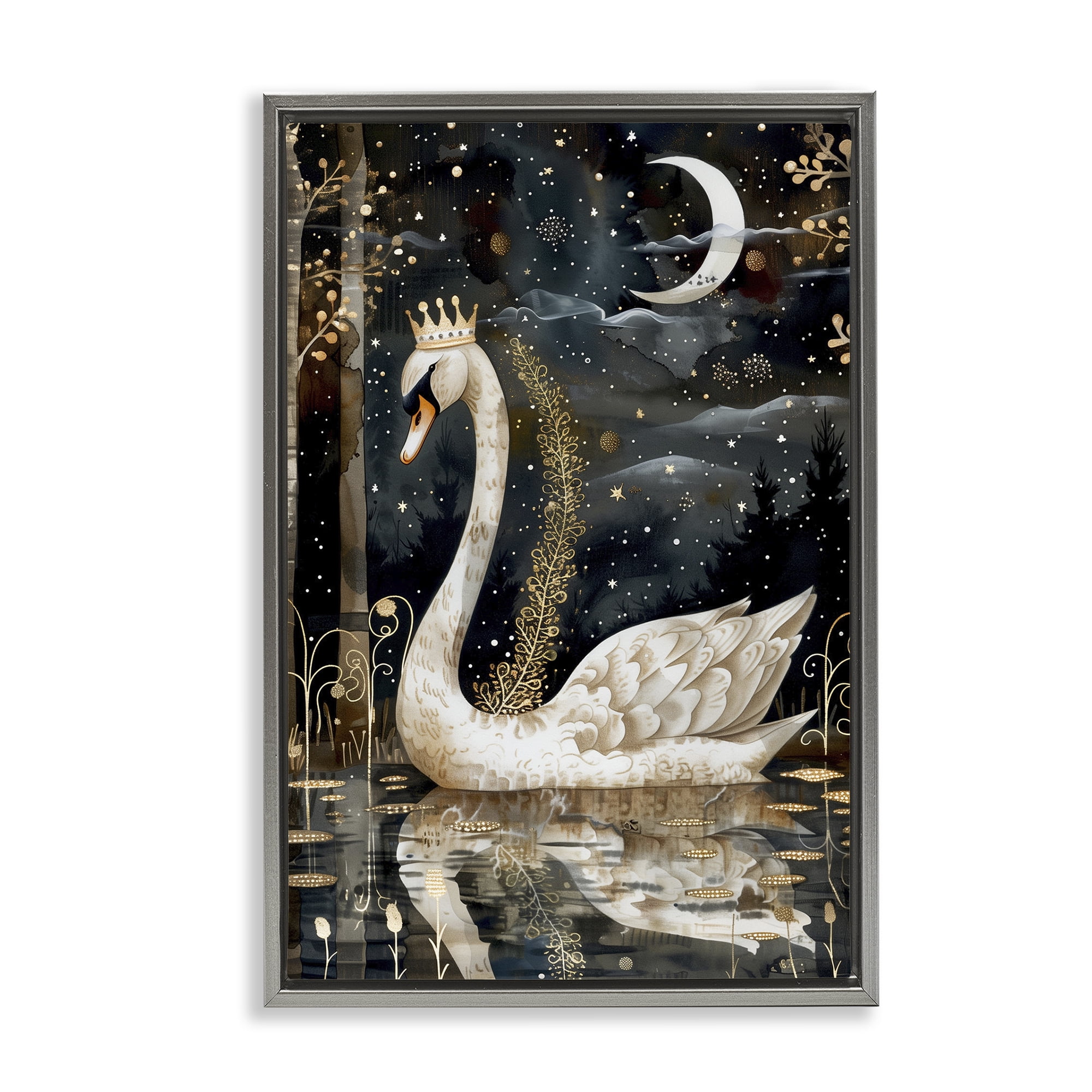 Stupell Industries Regal Swan Moonlight Animals & Insects Painting Gray Floater Framed Art Print Wall Art, 17 x 25