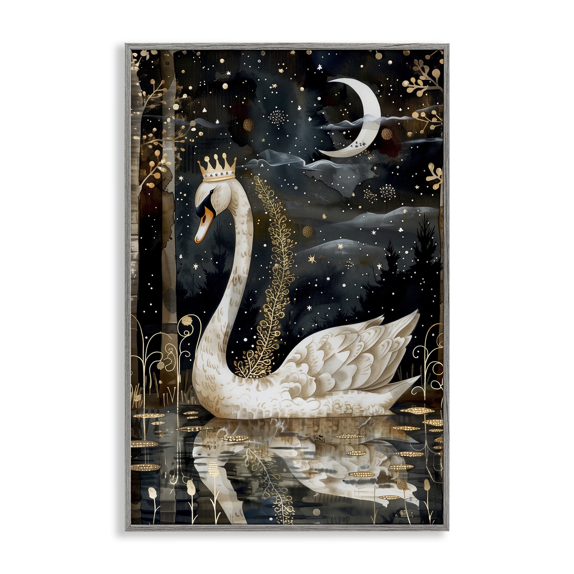 Stupell Industries Regal Swan Moonlight Animals & Insects Painting Gray Framed Art Print Wall Art, 20 x 30