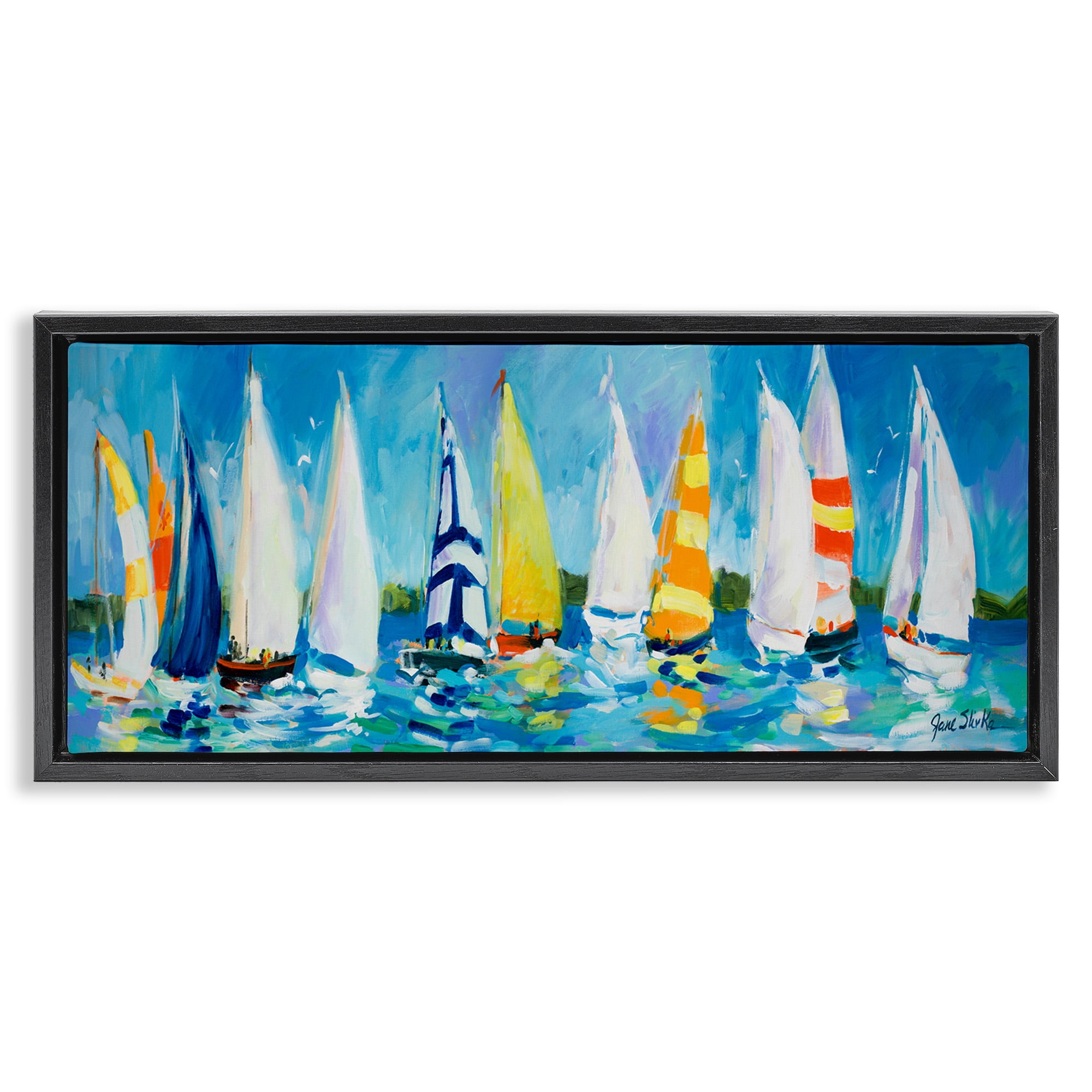 Stupell Industries Regatta Sailboat Fleet Transportation Painting Black Floater Framed Canvas Art Print Wall Art, 31 x 14