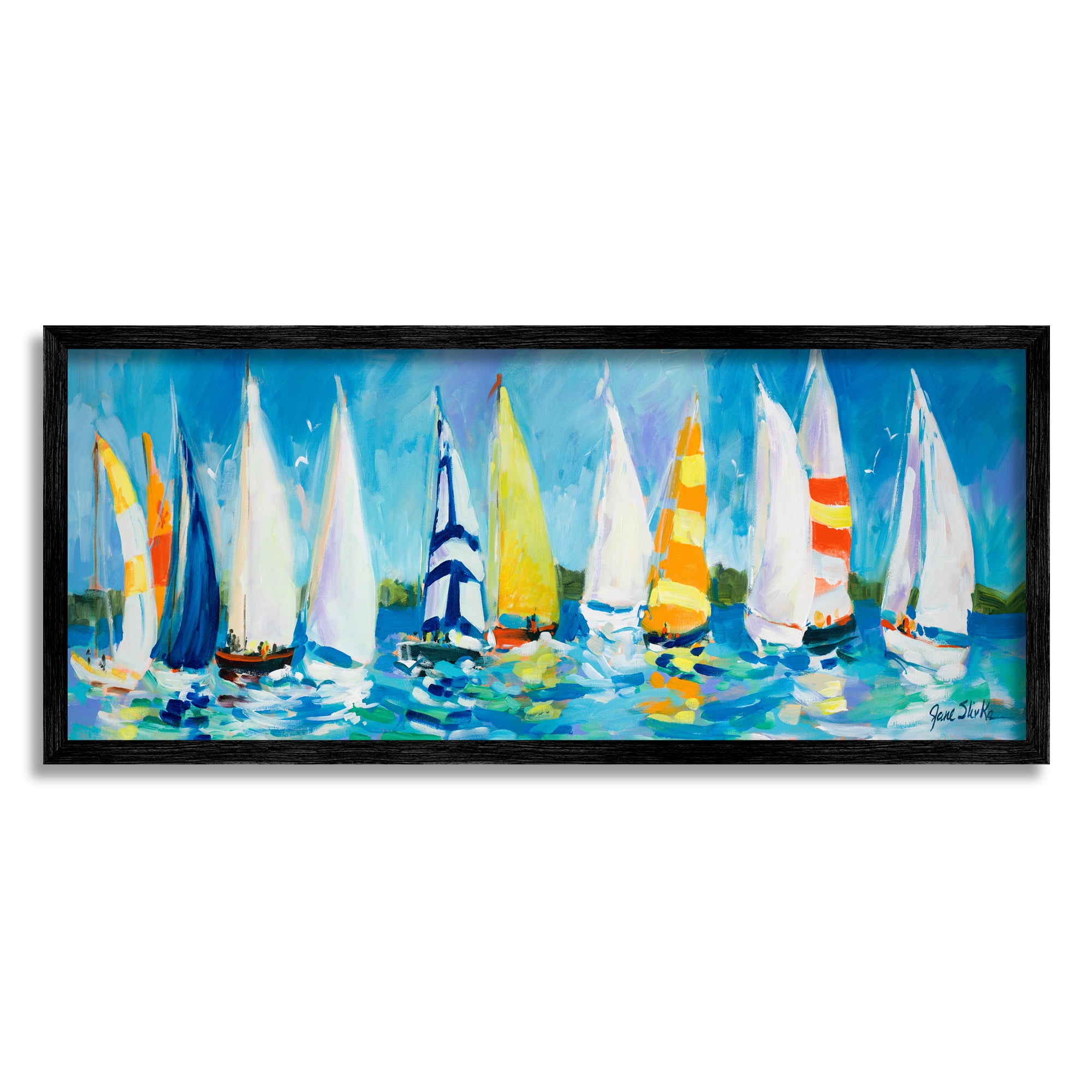 Stupell Industries Regatta Sailboat Fleet Transportation Painting Black Framed Art Print Wall Art, 30 x 13