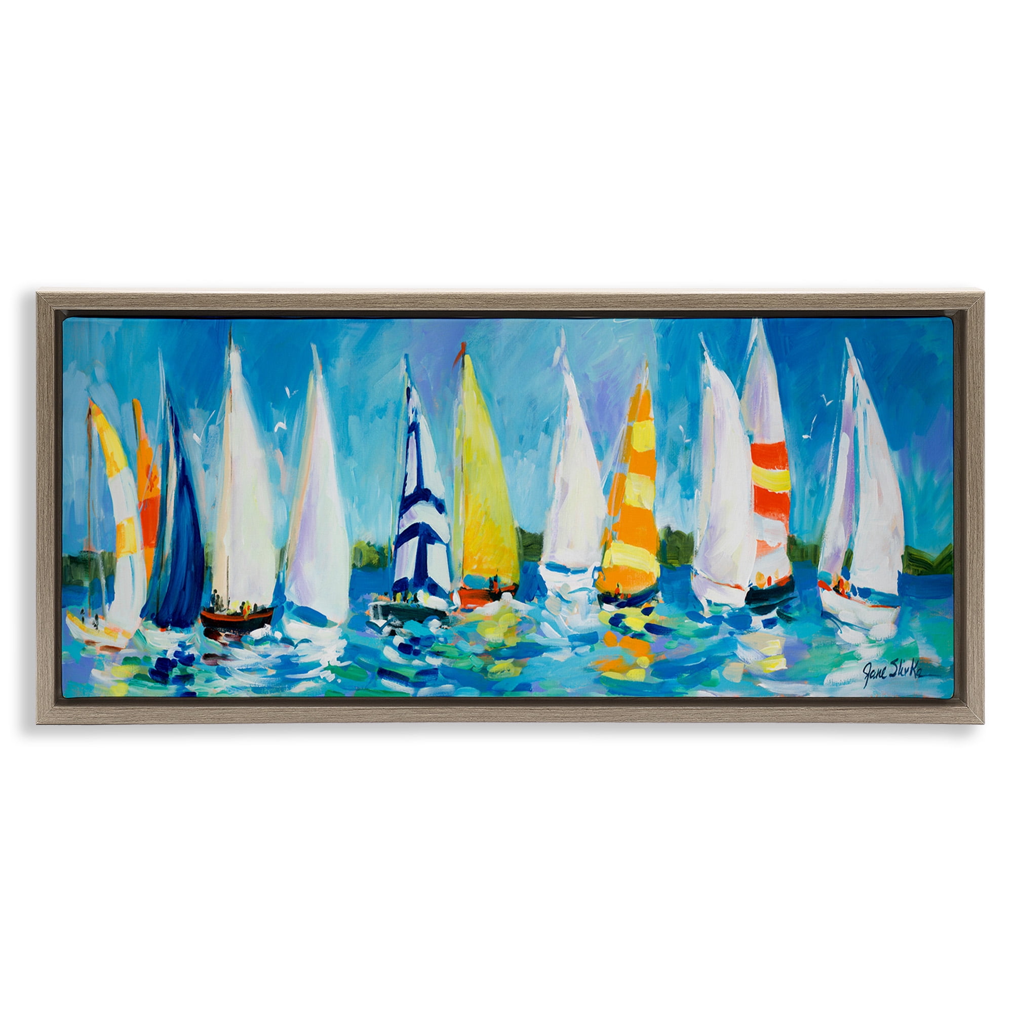 Stupell Industries Regatta Sailboat Fleet Transportation Painting Brown Floater Framed Canvas Art Print Wall Art, 25 x 11