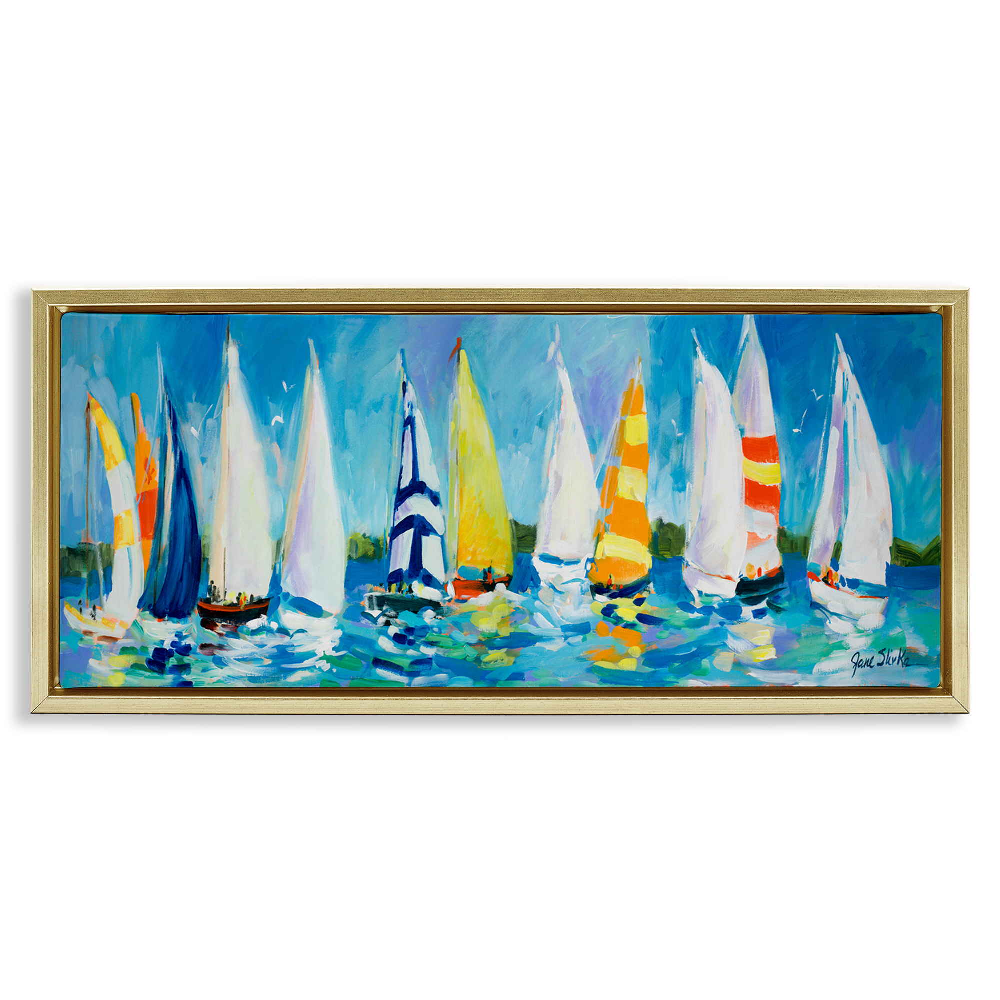 Stupell Industries Regatta Sailboat Fleet Transportation Painting Gold Floater Framed Canvas Art Print Wall Art, 31 x 14
