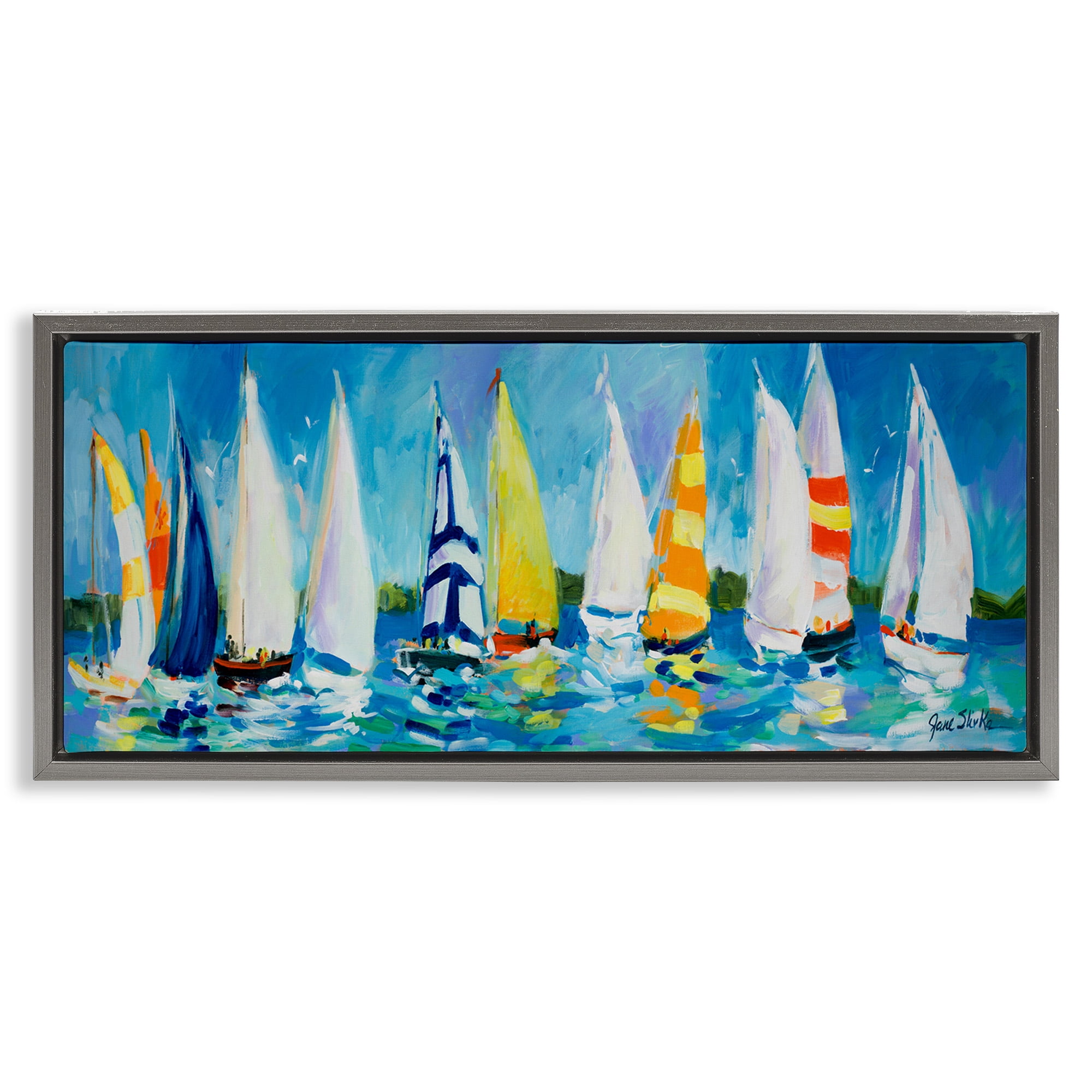 Stupell Industries Regatta Sailboat Fleet Transportation Painting Gray Floater Framed Canvas Art Print Wall Art, 31 x 14