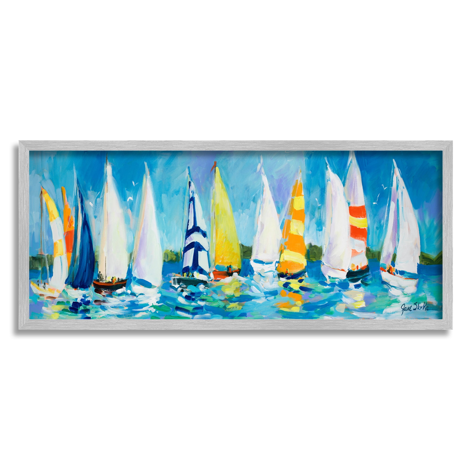 Stupell Industries Regatta Sailboat Fleet Transportation Painting Gray Framed Art Print Wall Art, 30 x 13