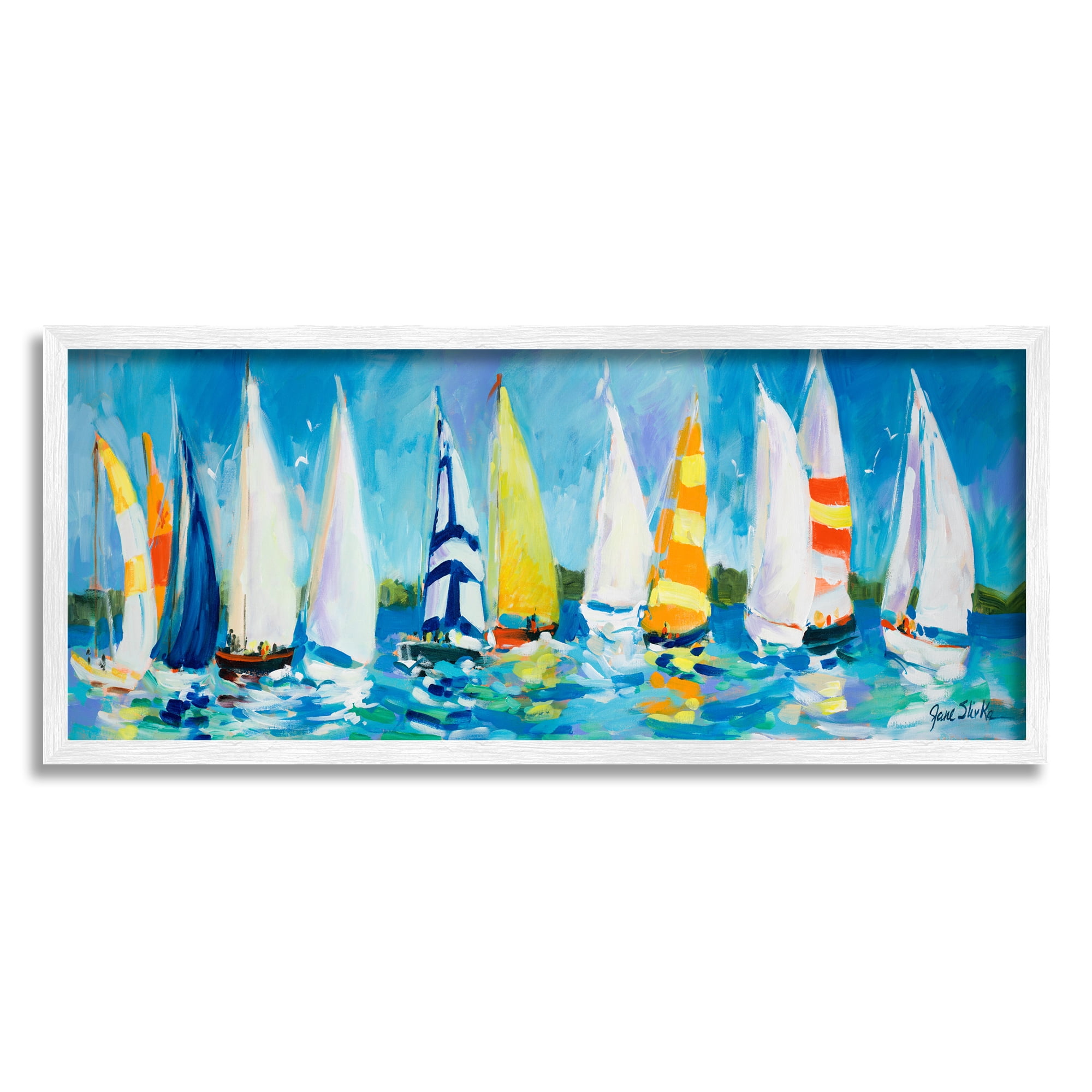 Stupell Industries Regatta Sailboat Fleet Transportation Painting White Framed Art Print Wall Art, 24 x 10
