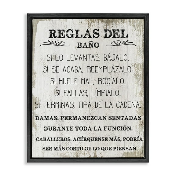 Stupell Industries Reglas Divertidas del Baño Bath & Laundry Painting Black Floater Framed Art Print Wall Art, 17 x 21