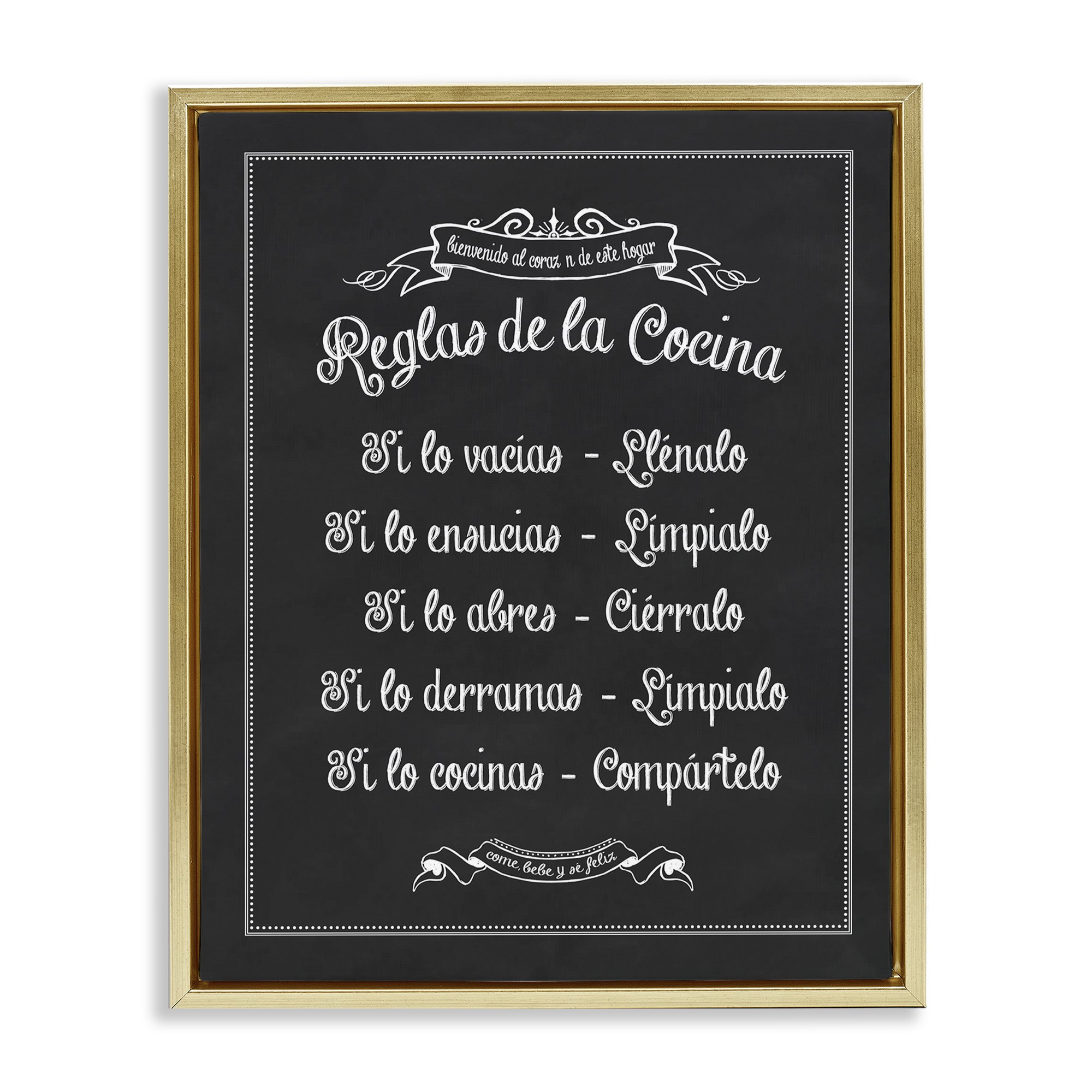 Stupell Industries Reglas de la Cocina Food & Beverage Painting Gold Floater Framed Art Print Wall Art, 17 x 21