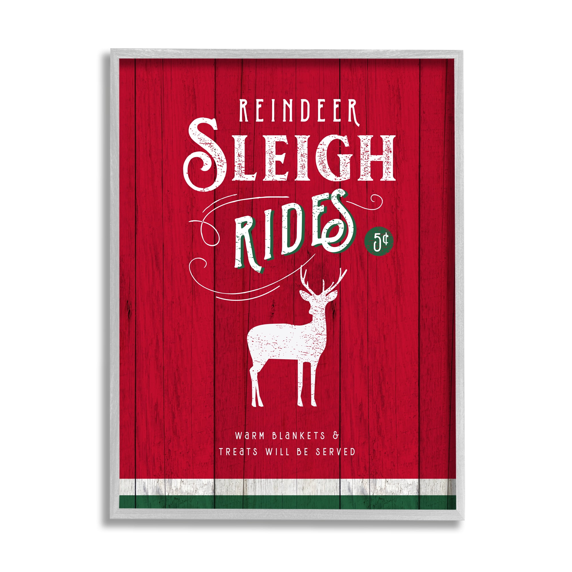 Stupell Industries Reindeer Sleigh Rides Christmas Advertisement Red Green Holiday Painting Gray Framed Art Print Wall Art, 16 x 20
