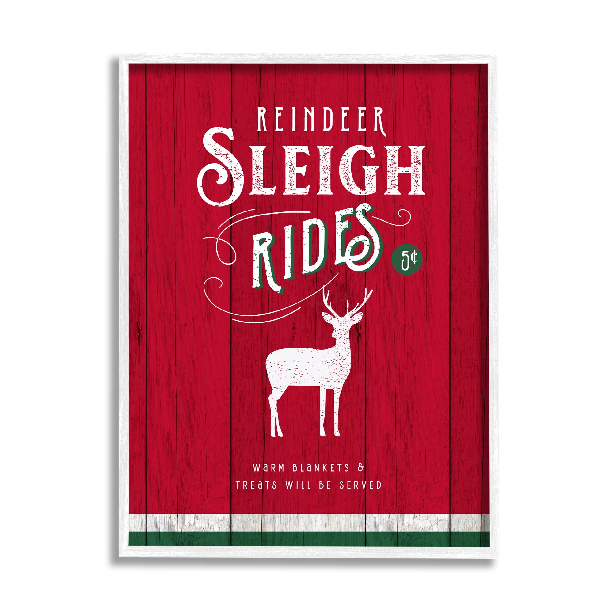 Stupell Industries Reindeer Sleigh Rides Christmas Advertisement Red Green Holiday Painting White Framed Art Print Wall Art, 11 x 14