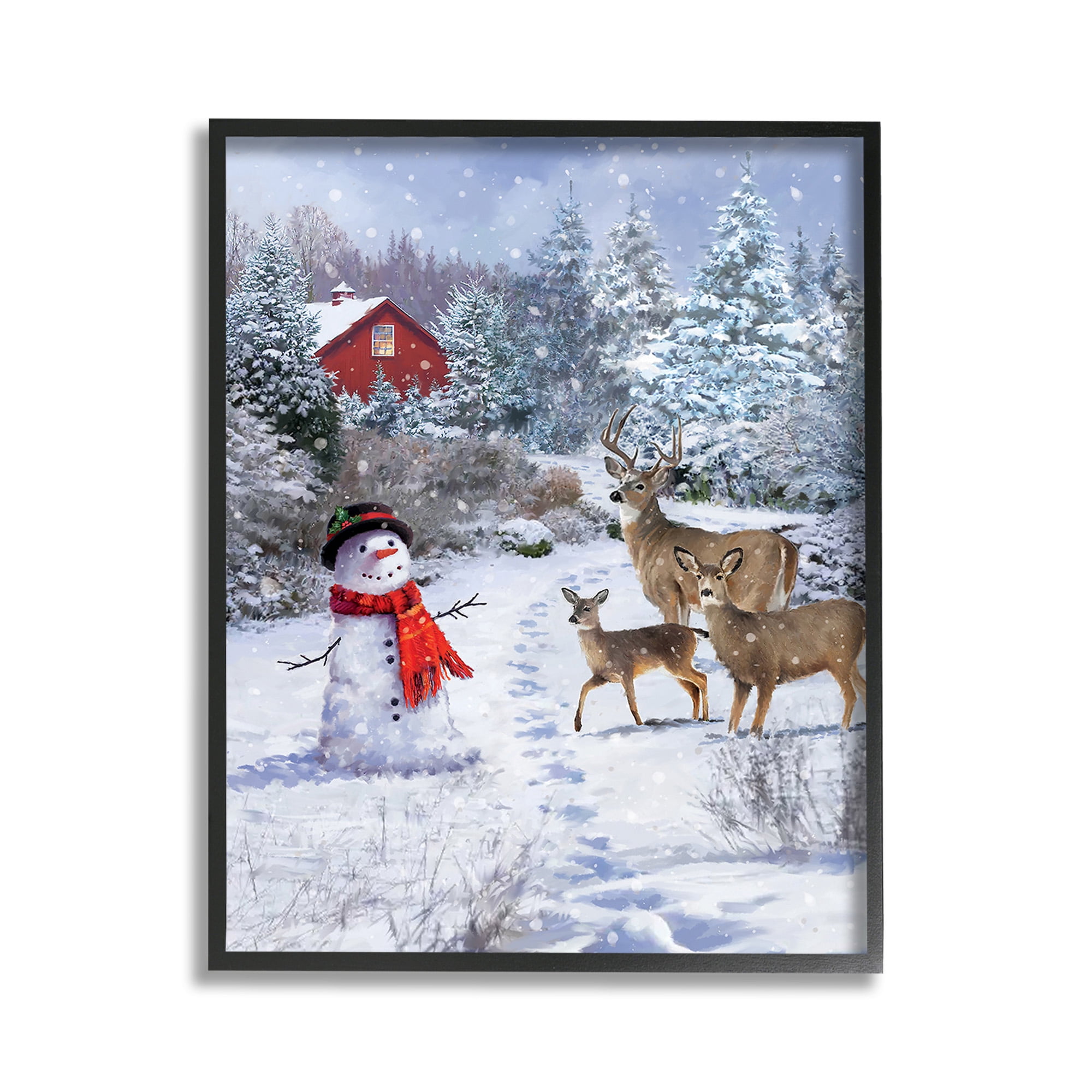 Stupell Industries Reindeer & Snowman Landscape Landscape Painting Black Framed Art Print Wall Art, 11 x 14