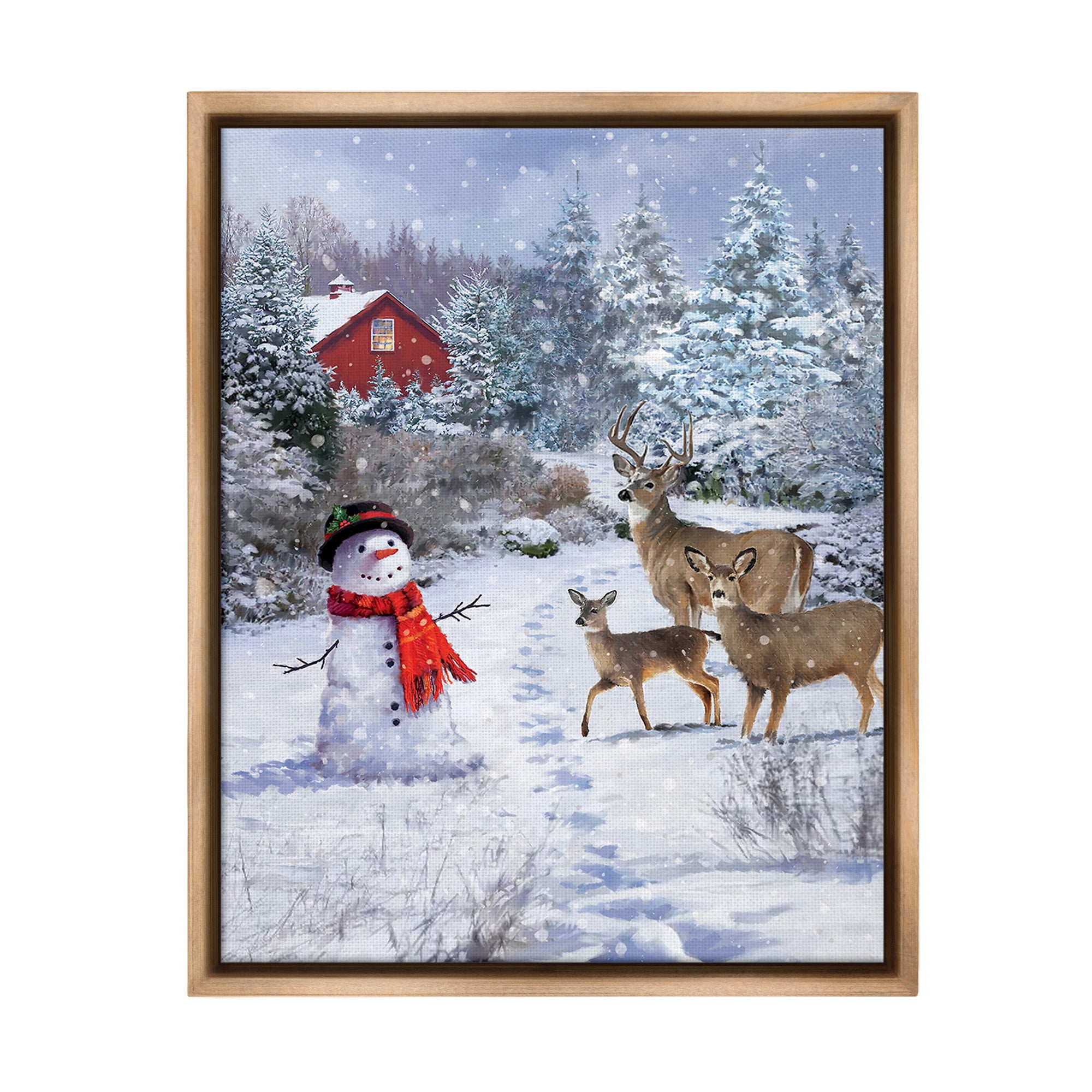 Stupell Industries Reindeer & Snowman Landscape Landscape Painting Brown Floater Framed Canvas Art Print Wall Art, 17 x 21