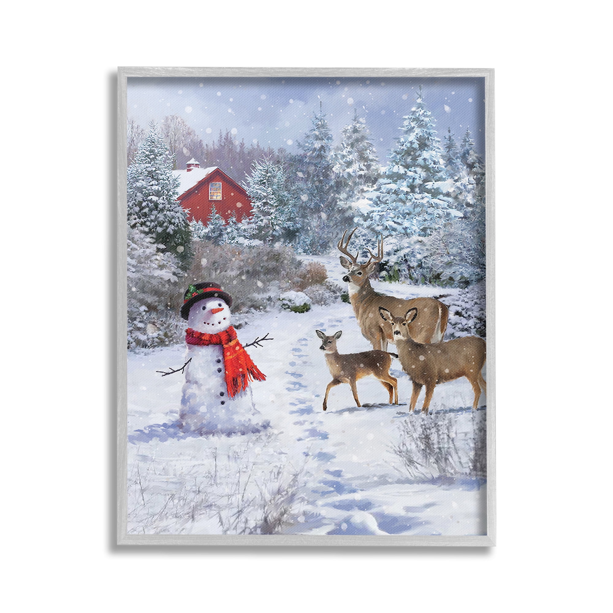 Stupell Industries Reindeer & Snowman Landscape Landscape Painting Gray Framed Art Print Wall Art, 24 x 30