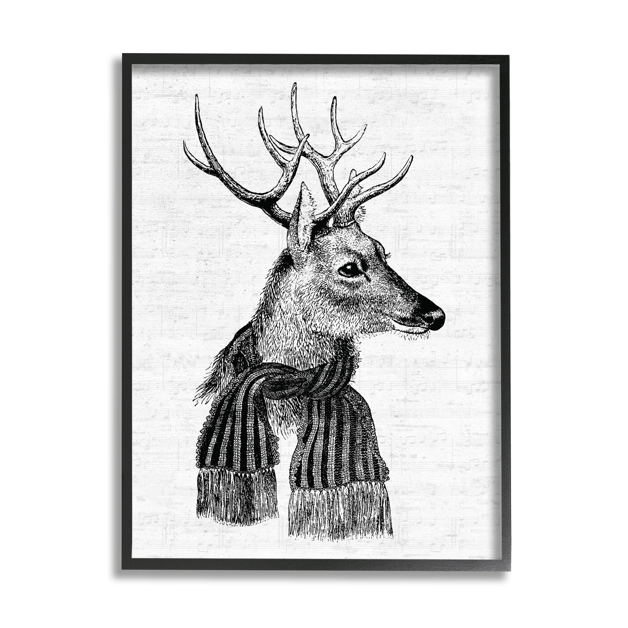 Stupell Industries Reindeer in Scarf Minimal Vintage Portrait Holiday Painting Black Framed Art Print Wall Art, 11 x 14