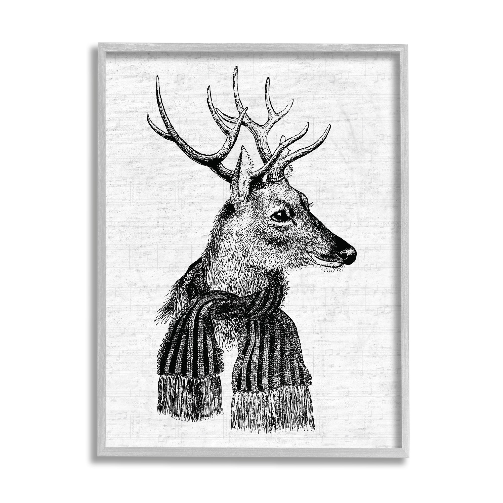Stupell Industries Reindeer in Scarf Minimal Vintage Portrait Holiday Painting Gray Framed Art Print Wall Art, 11 x 14