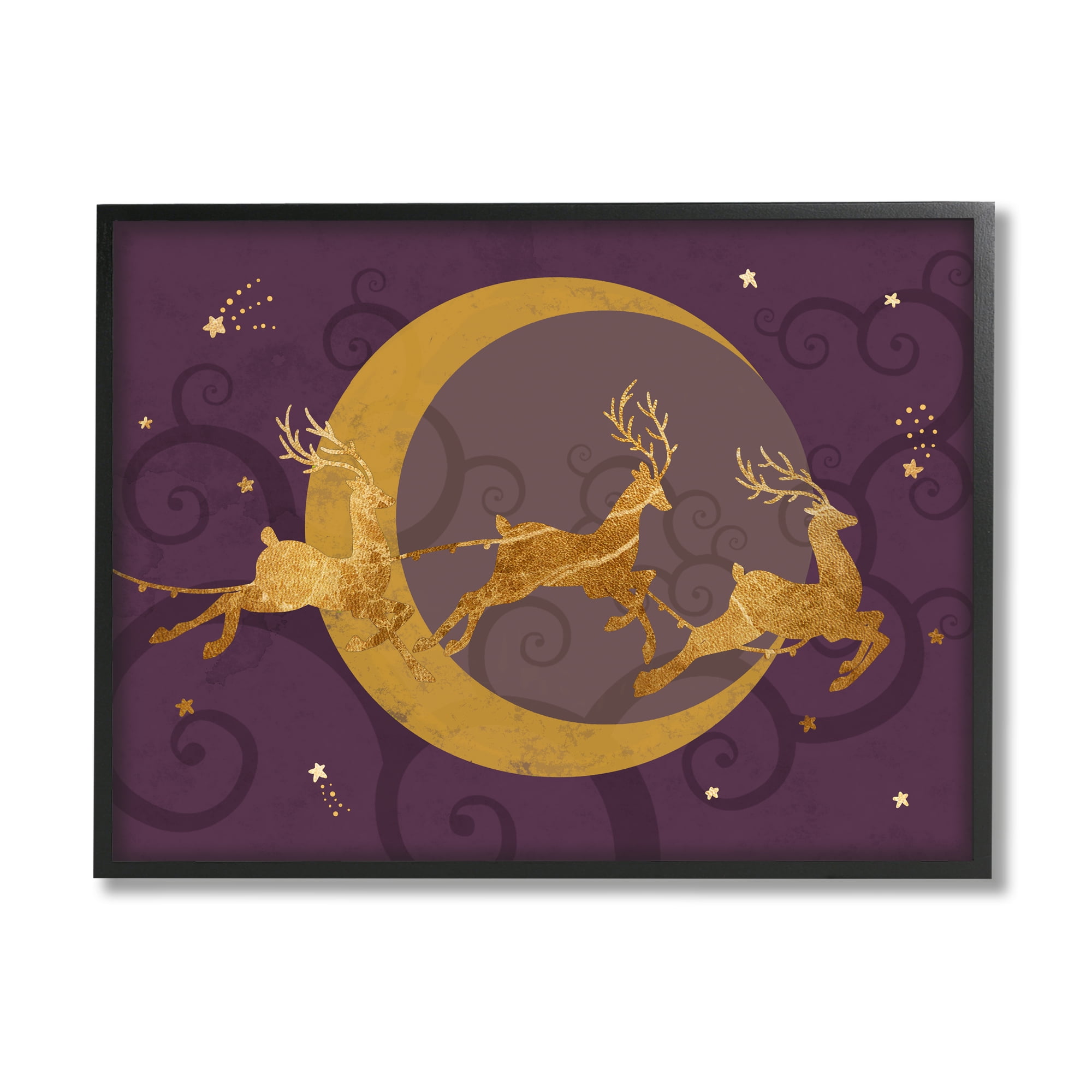 Stupell Industries Reindeers Flying over Crescent Moon Glam Christmas Sky Animals & Insects Painting Black Framed Art Print Wall Art, 24 x 30