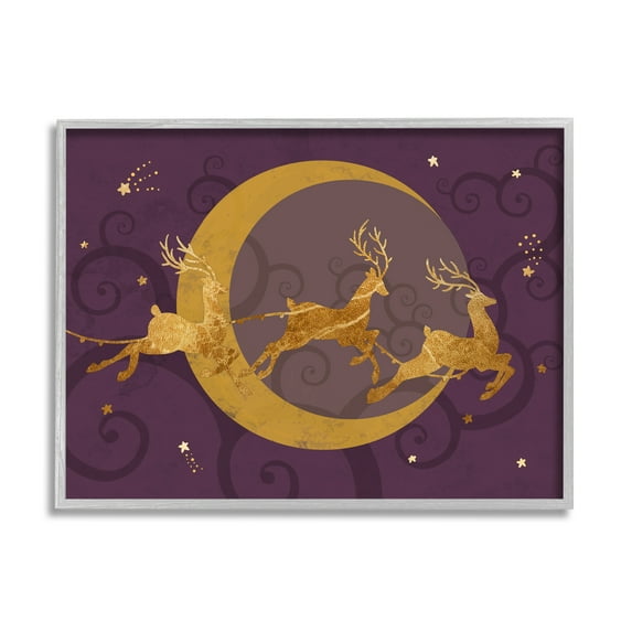 Stupell Industries Reindeers Flying over Crescent Moon Glam Christmas Sky Animals & Insects Painting Gray Framed Art Print Wall Art, 16 x 20