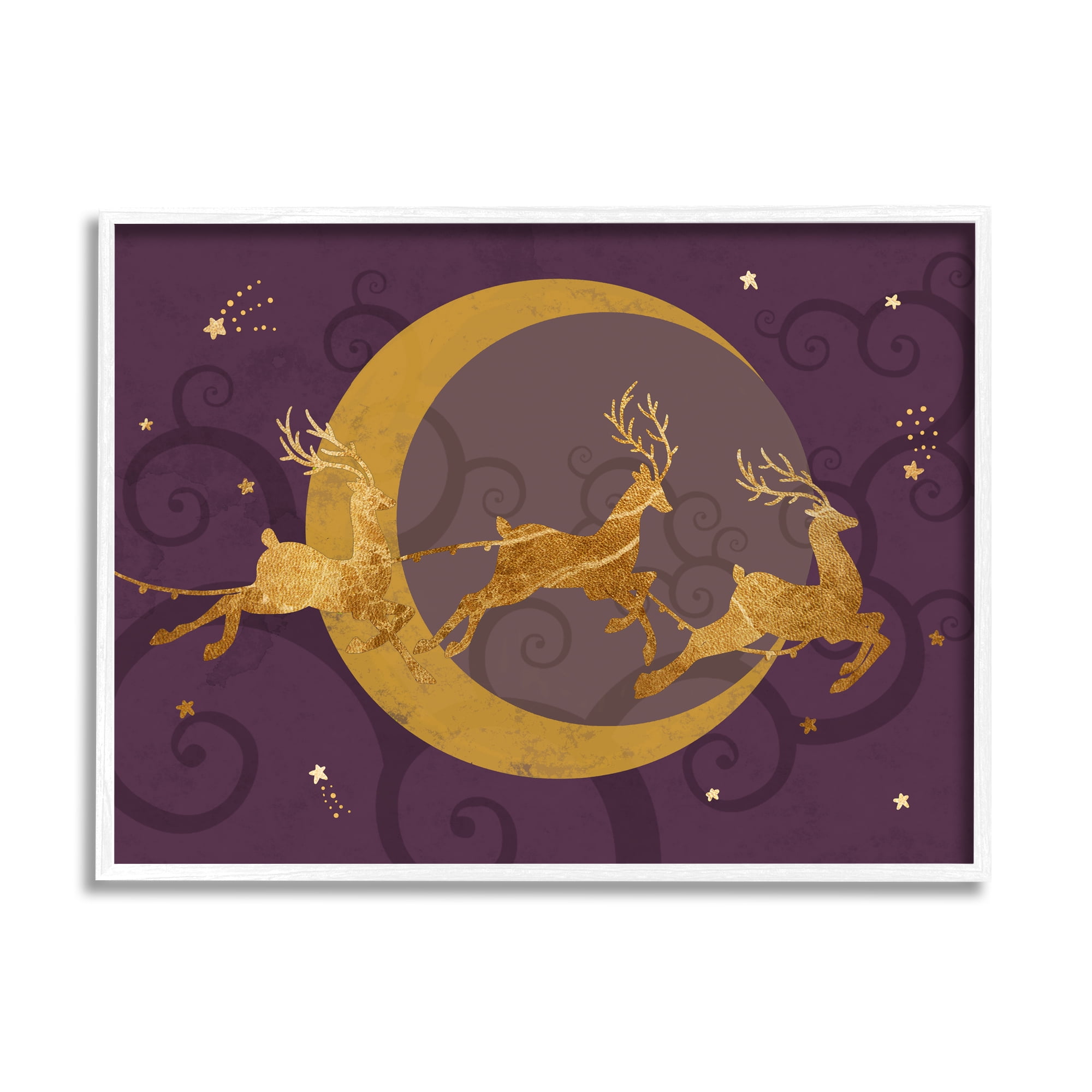 White Framed Glam Christmas Sky Wall Art with Reindeers, 11 x 14