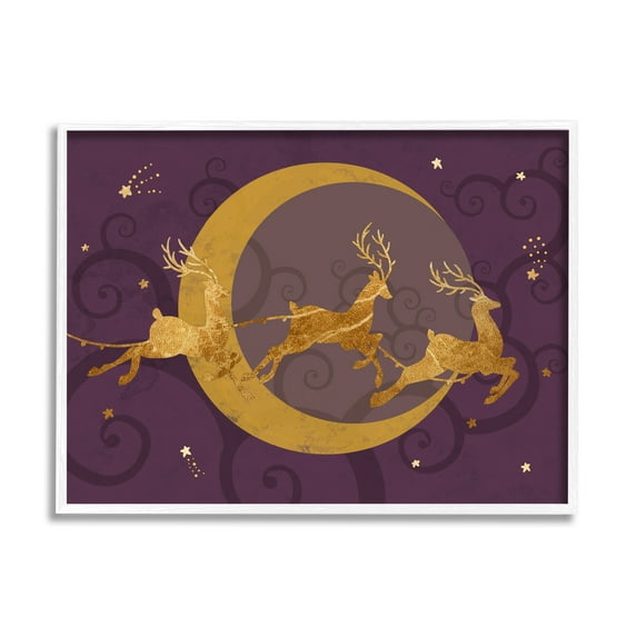 Stupell Industries Reindeers Flying over Crescent Moon Glam Christmas Sky Animals & Insects Painting White Framed Art Print Wall Art, 16 x 20
