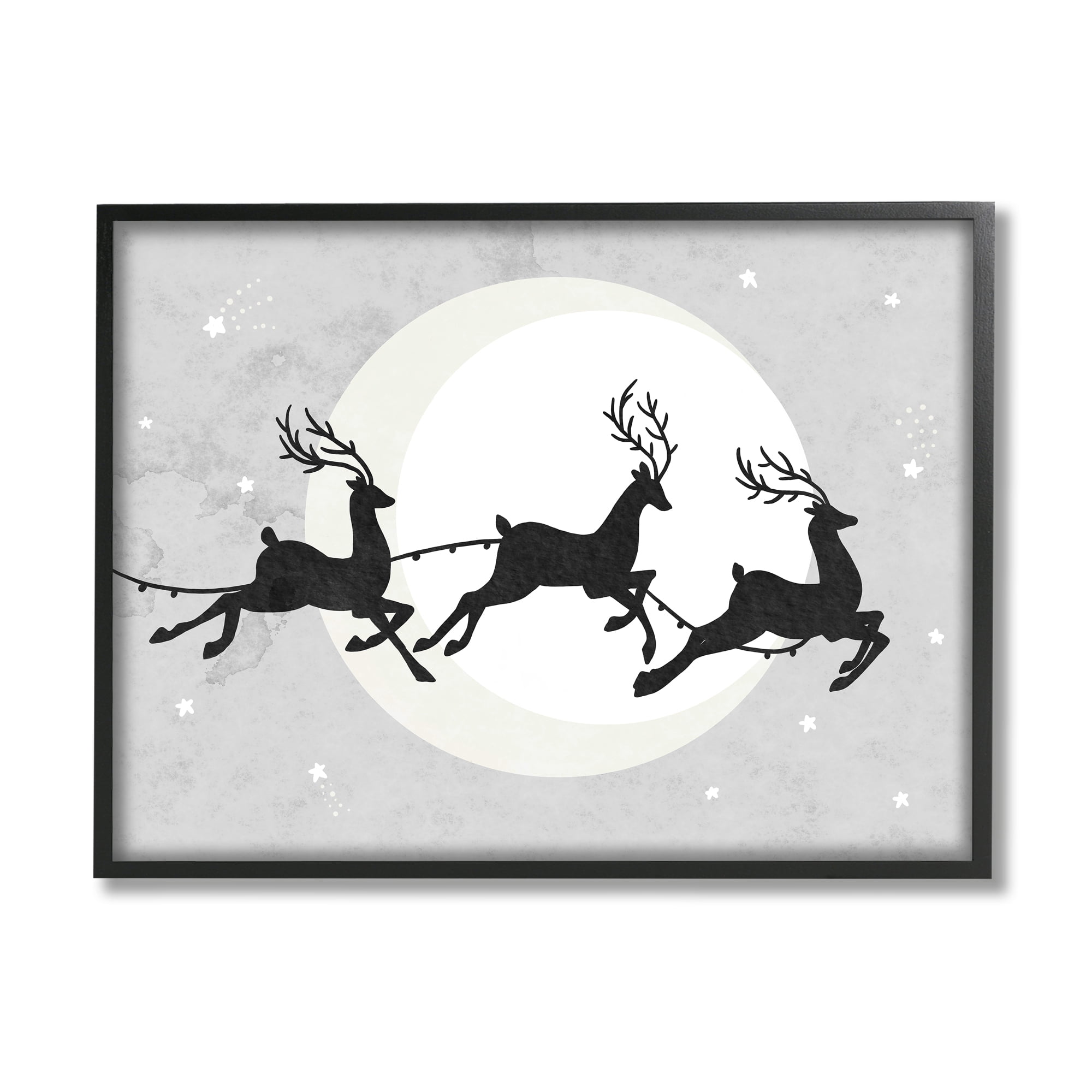 Stupell Industries Reindeers Prancing Sleigh Line over Christmas Moon Animals & Insects Painting Black Framed Art Print Wall Art, 11 x 14