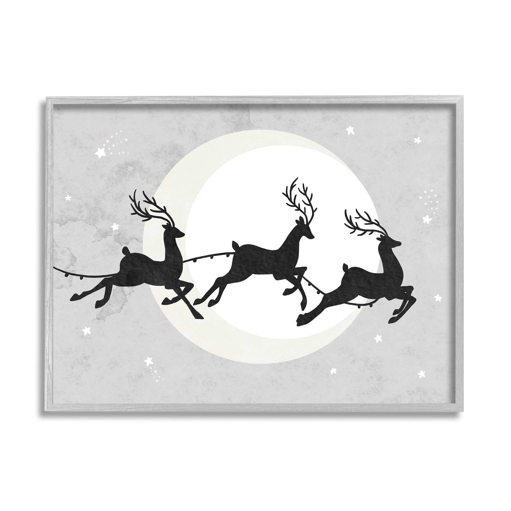 Stupell Industries Reindeers Prancing Sleigh Line over Christmas Moon Animals & Insects Painting Gray Framed Art Print Wall Art, 11 x 14